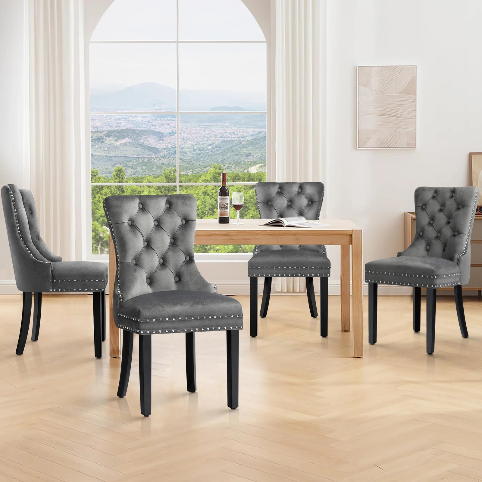 9 Alfordson 4x Dining Chair Kitchen Lounge Retro Button Tufted Wooden Velvet - Grey, 9 of 10