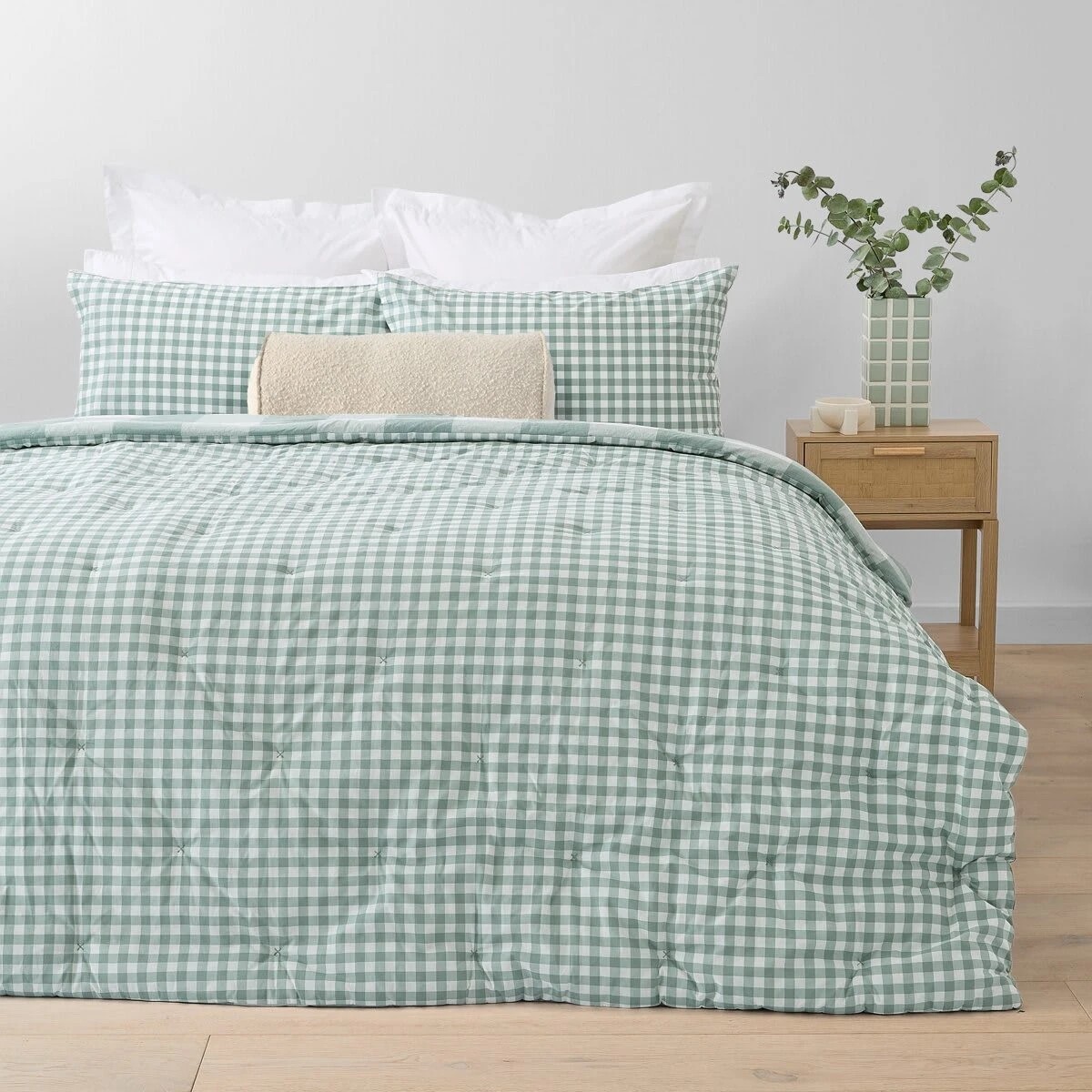 2 Check Cotton Cover Reversible Comforter Set - Queen Bed, Green and White, 2 of 7