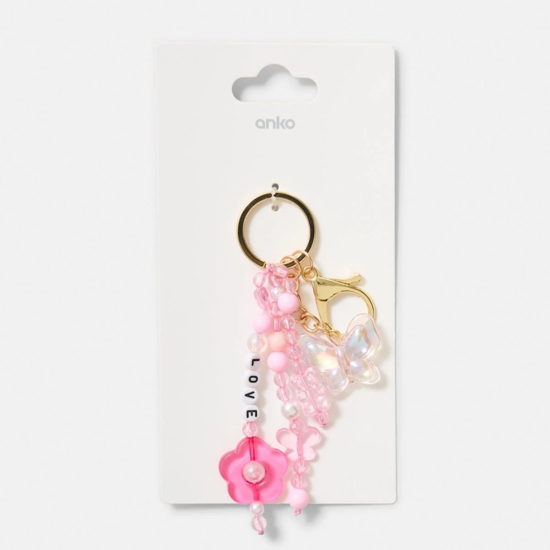 3 Love Bead Charm Keyring - Gold Tone, Pink and White, 3 of 3