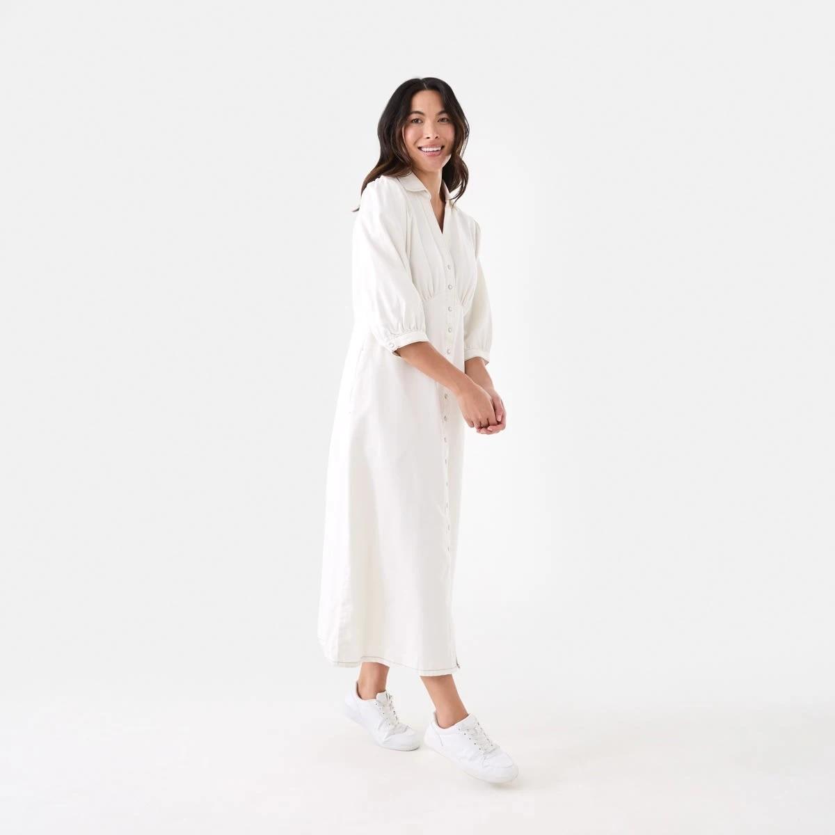 2 Long Sleeve Denim Tea Maxi Dress Ecru, 2 of 6