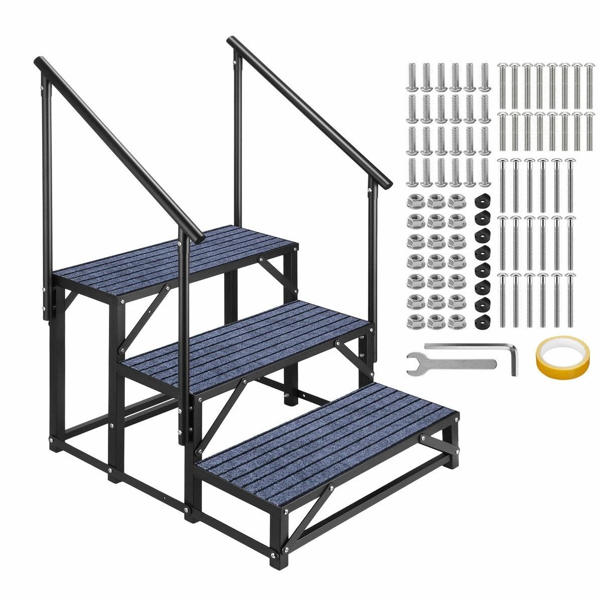 1 Ausway 3 Step Caravan Steps Stair with Handrails 150kg Non-Slip TPE Pads Outdoor RV Camper Trailer Ladder, 1 of 3