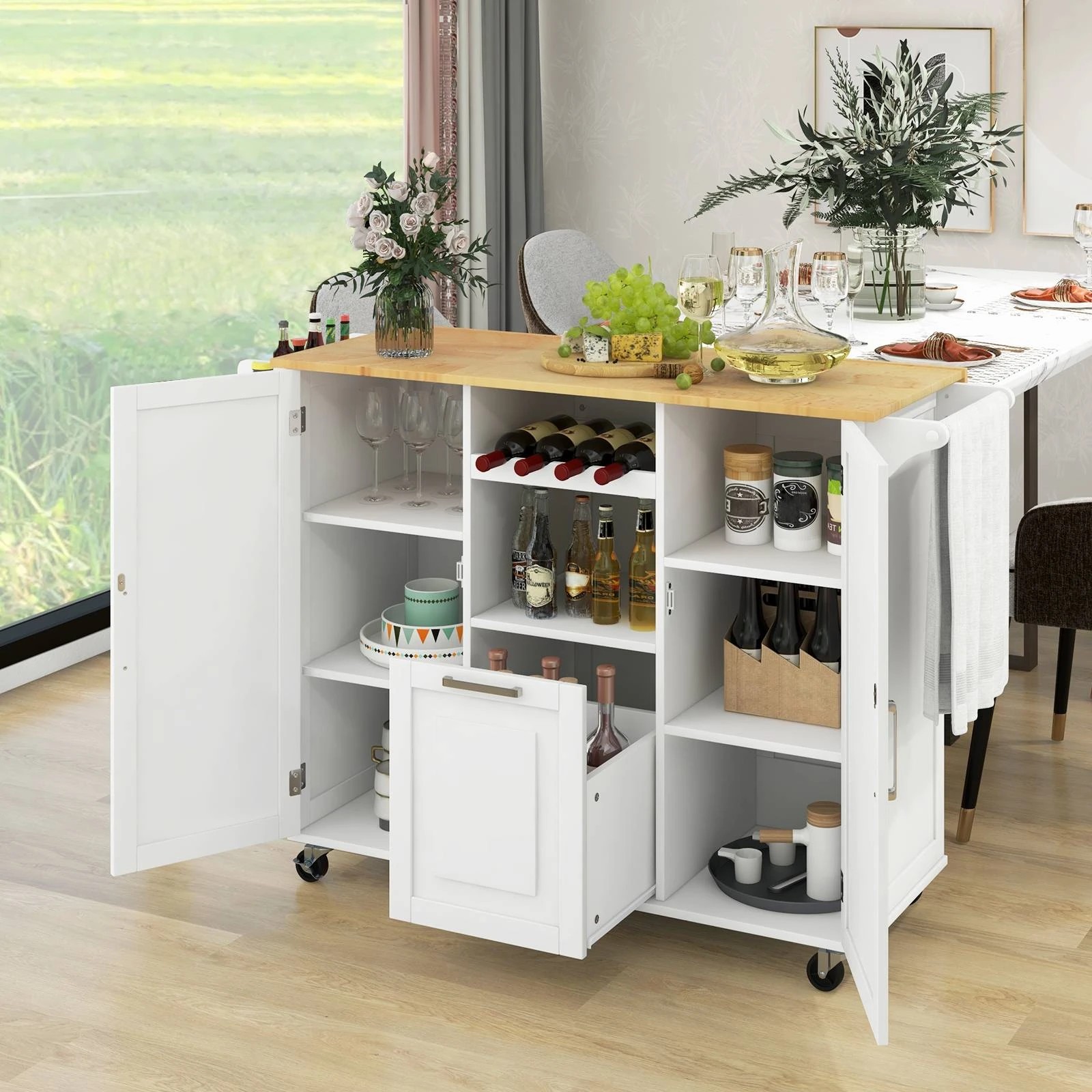 8 Costway Wood Kitchen Island Drop-leaf Trolley White, 8 of 9