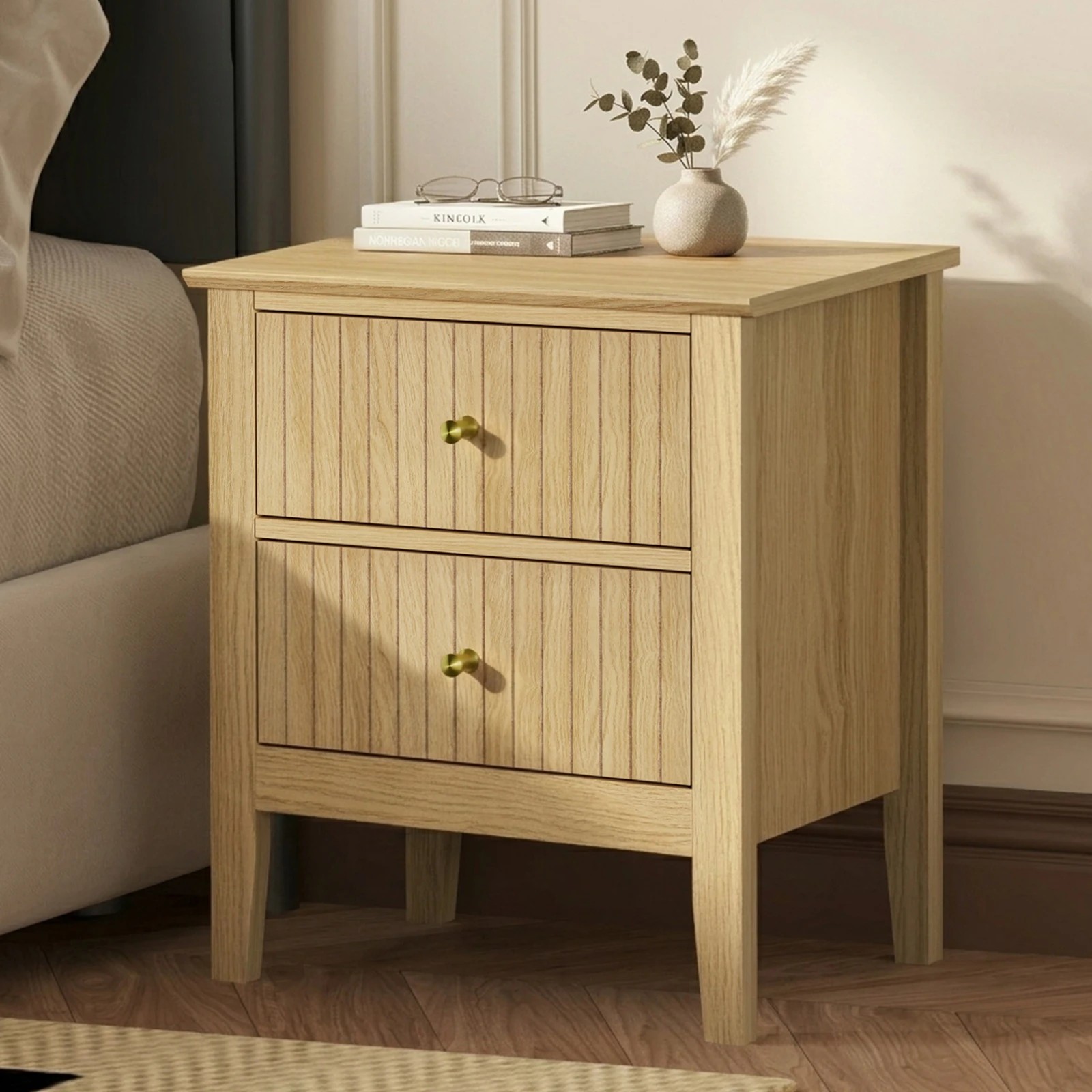 3 Oikiture Bedside Table 2 Drawers Nightstand Cabinet Gold Handle - Natural, 3 of 8