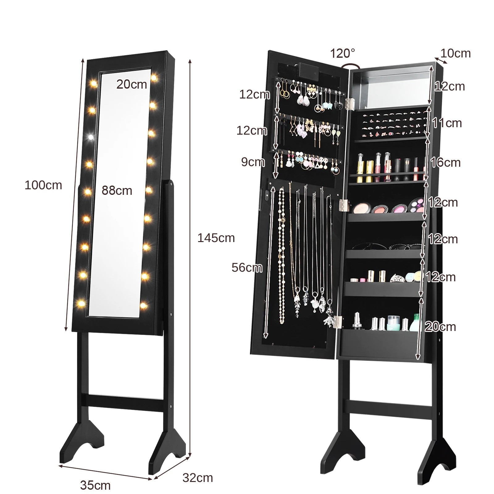 3 Costway Mirror Jewellery Cabinet Wooden Jewelry Organiser Box Makeup Cosmetics Storage - Black, 3 of 4