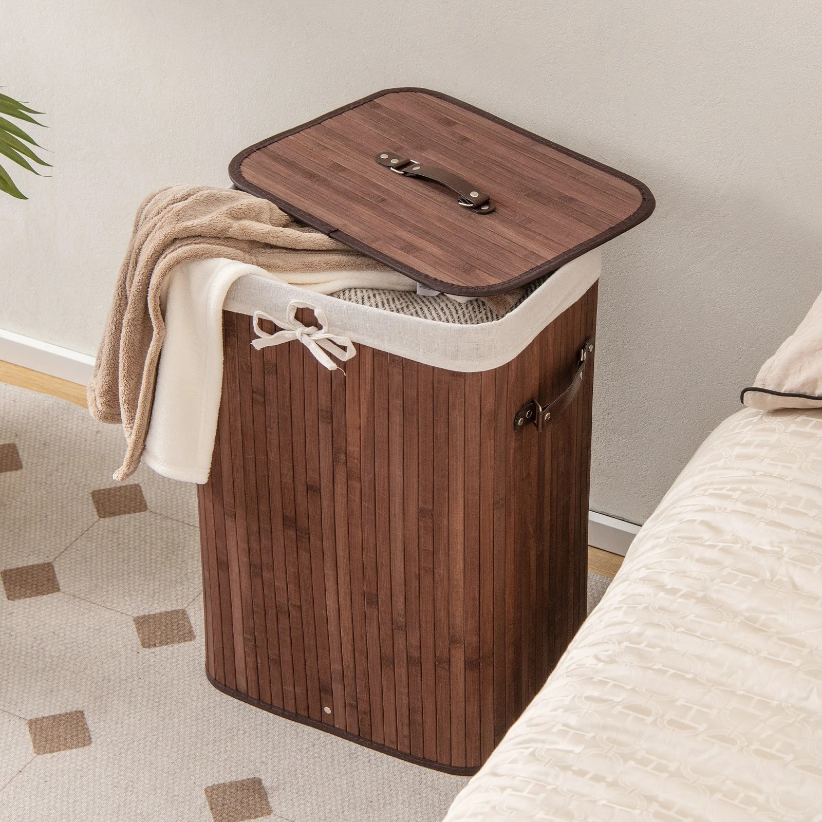3 Costway 72L Bamboo Laundry Hamper Cloth Storage Basket Collapsible Bin Bathroom - Brown, 3 of 4