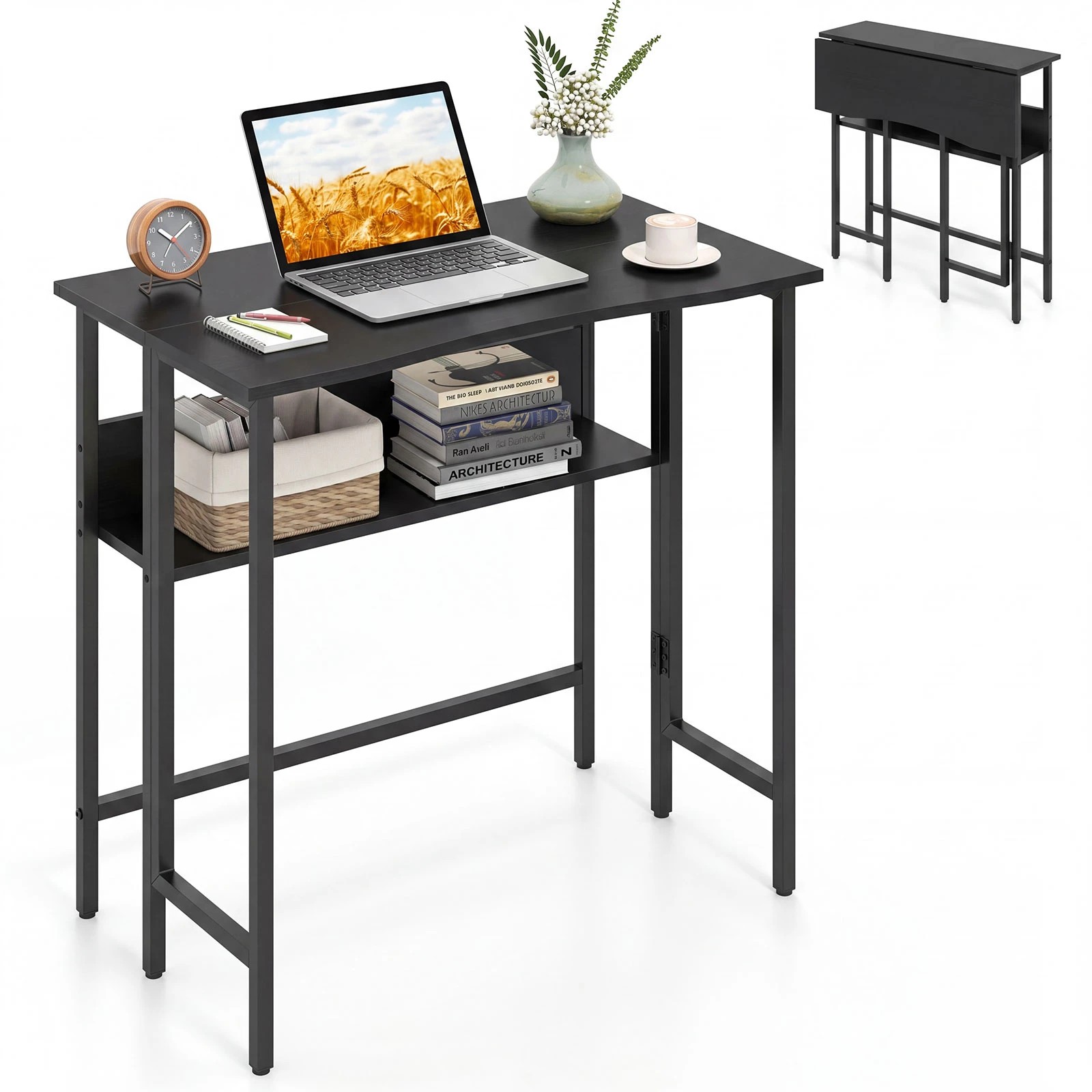 6 Costway 80cm Folding Computer Desk Drop Leaf Laptop Table Space Saving - Black, 6 of 6