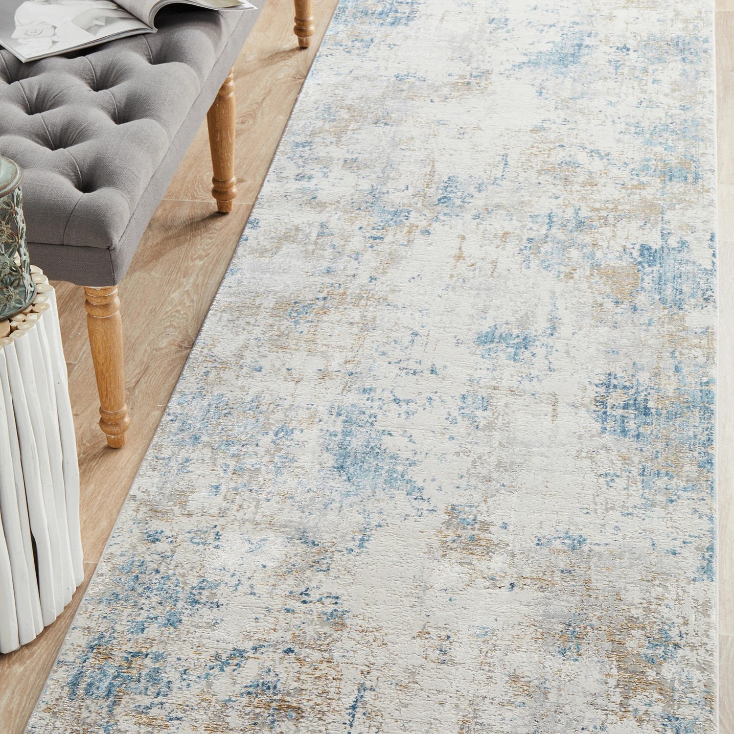 2 Common Ground Rugs Glimmers 108 300x80cm Runner - Medium Bamboo Silk Power Loomed Rug - Blue, 2 of 9