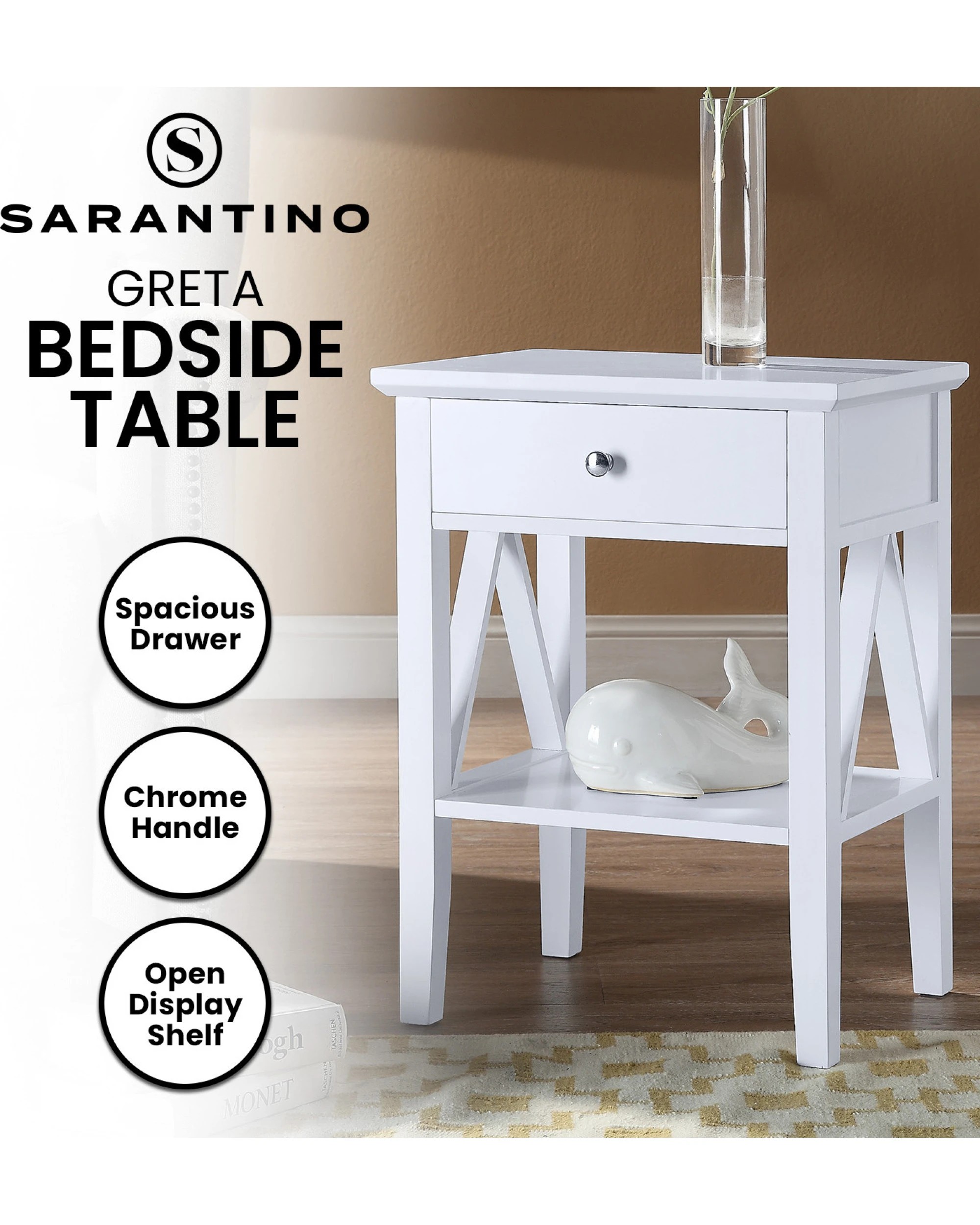 8 Sarantino Greta Bedside Table with Drawer in White - White, 8 of 8