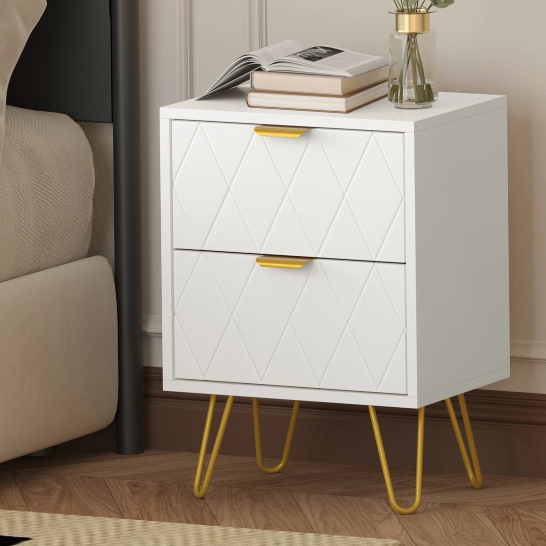 2 Oikiture Bedside Table 2 Drawers Gold Metal Nightstand, 2 of 9
