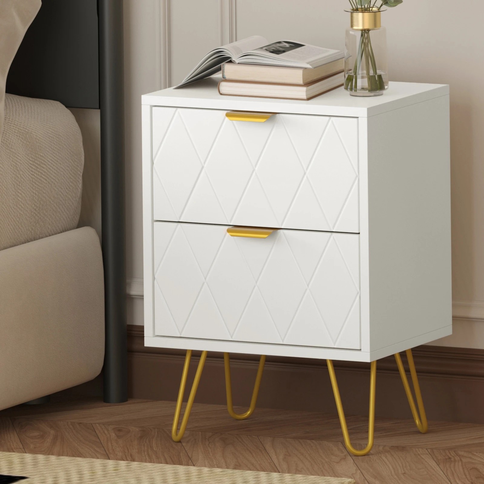 2 Oikiture Bedside Table 2 Drawers Gold Metal Nightstand, 2 of 9