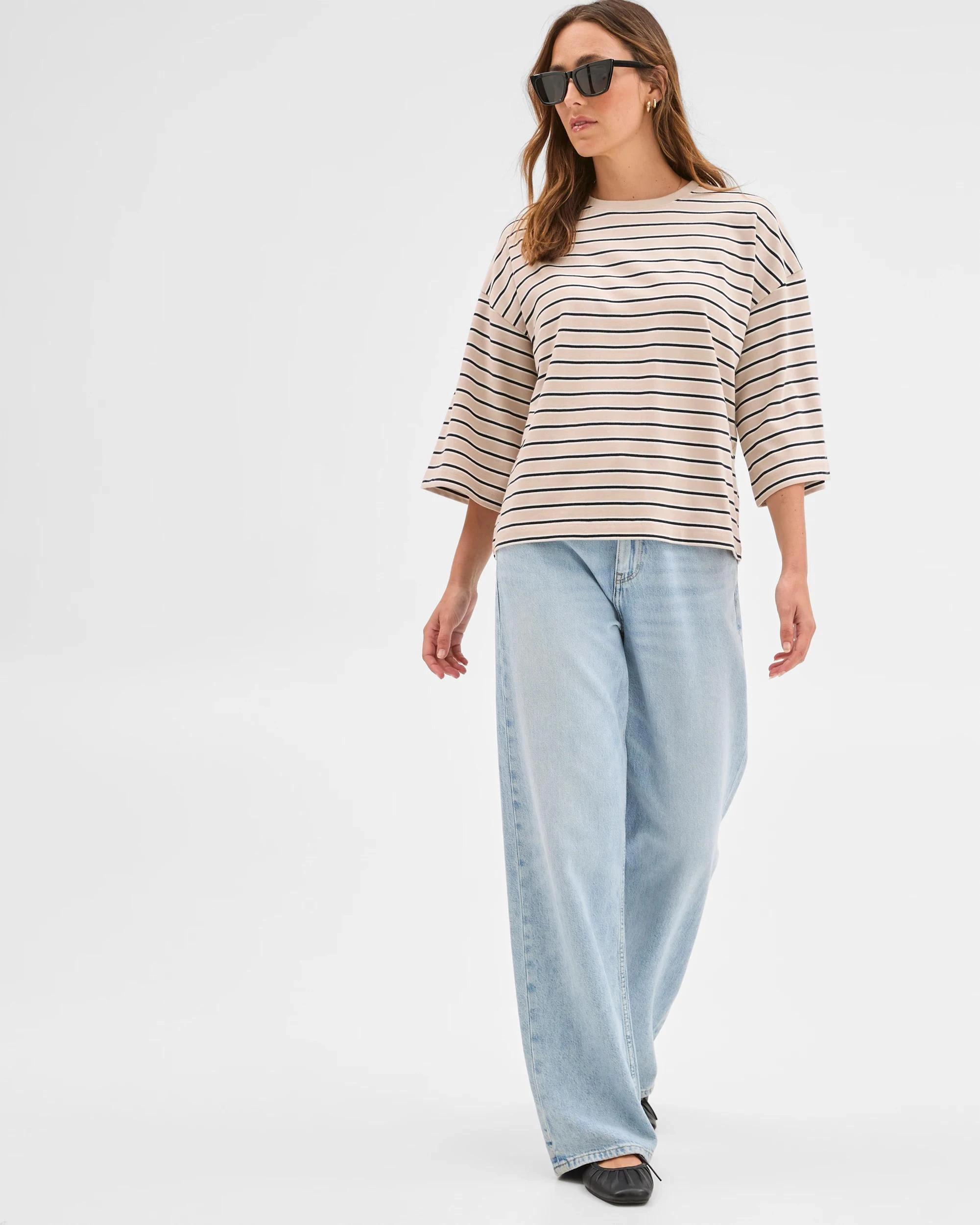 2 Target Woman Australian Cotton 3/4 Length Wide Sleeve Boxy T-Shirt BLACK/BIRCH/CLOUD DANCER, 2 of 7