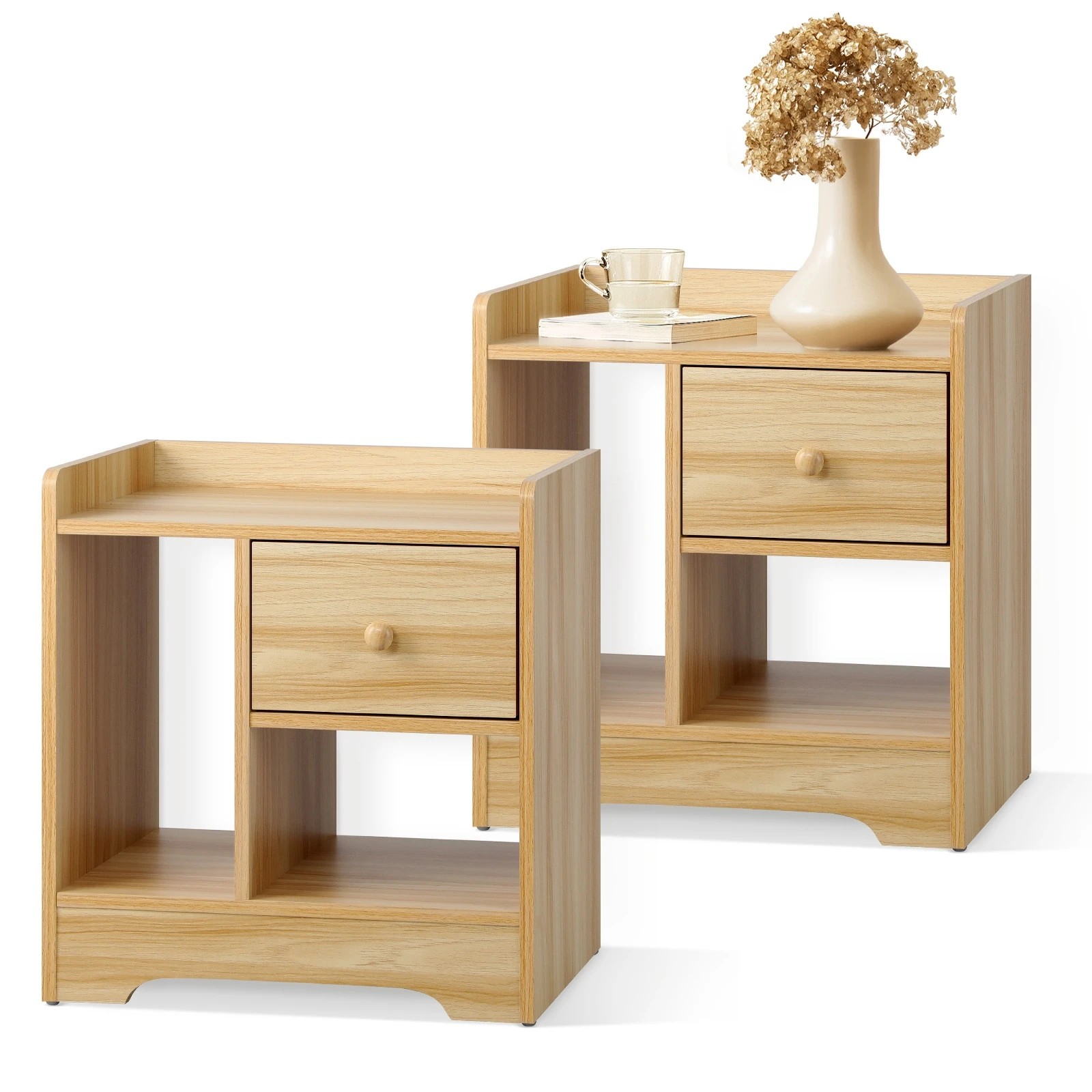 1 Oikiture Bedside Tables Set of 2 Side Table Nightstand Storage Shelf - Natural, 1 of 10