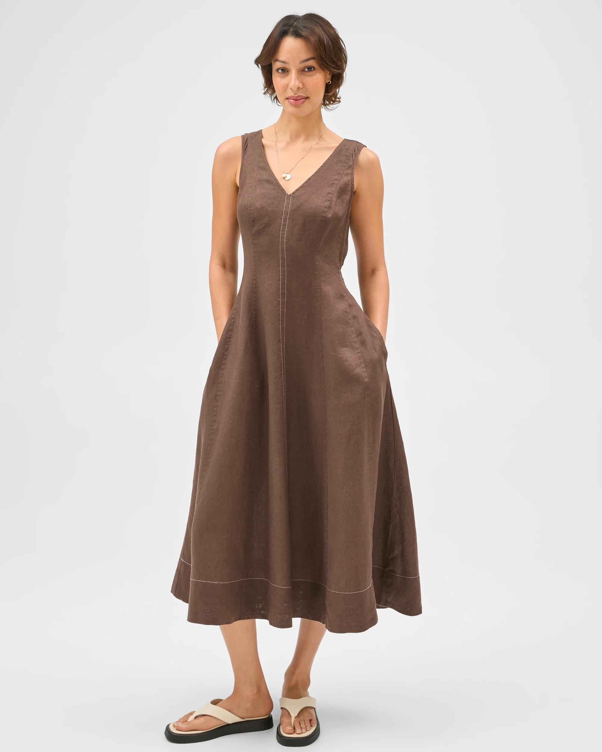 1 Target Woman European Linen Sleeveless Seamed Midi Dress COFFEE BEAN, 1 of 7