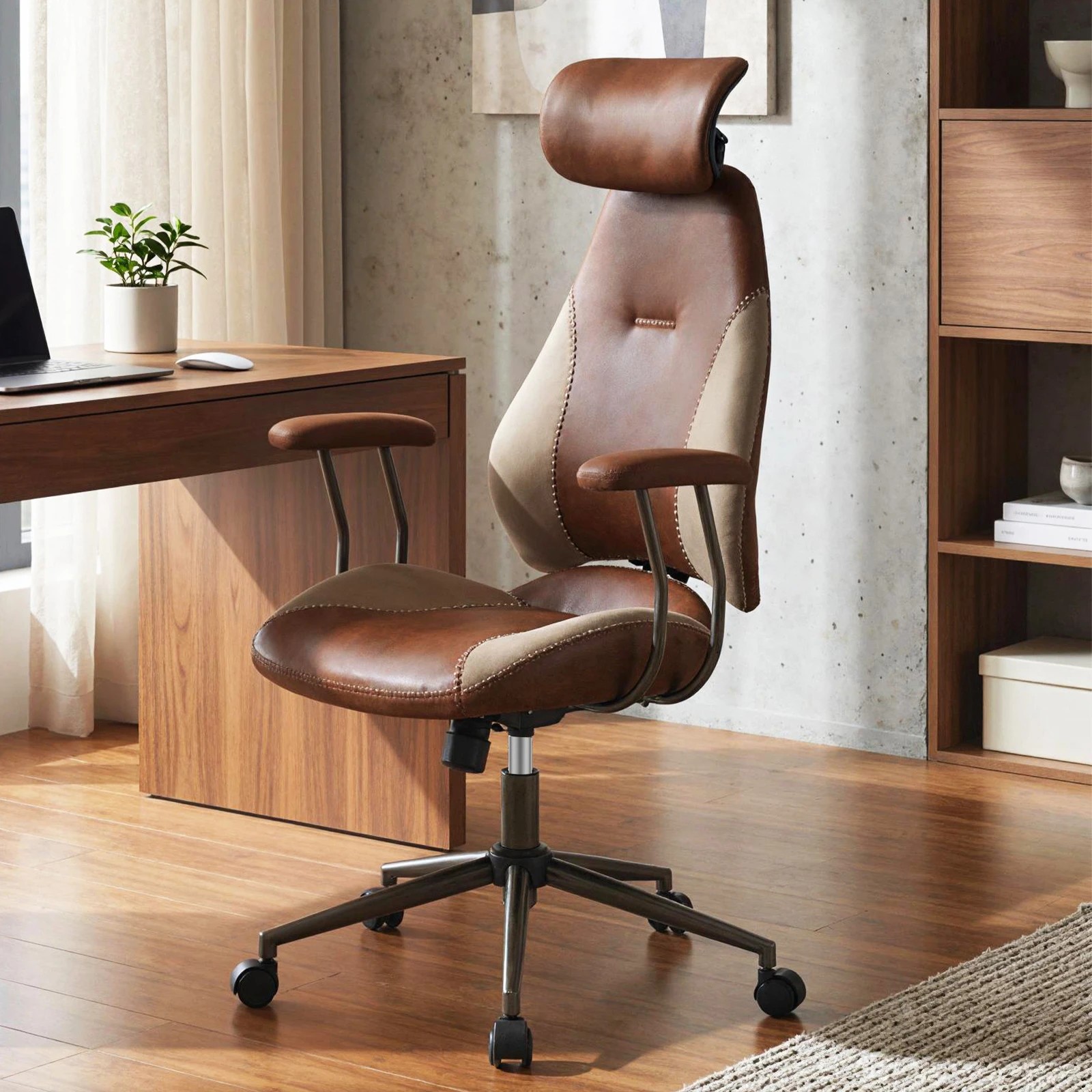 3 Costway Ergonomic Office Chair Flax Fabric Computer Desk Chair Armchair w/Headrest & Backrest - Brown, 3 of 3