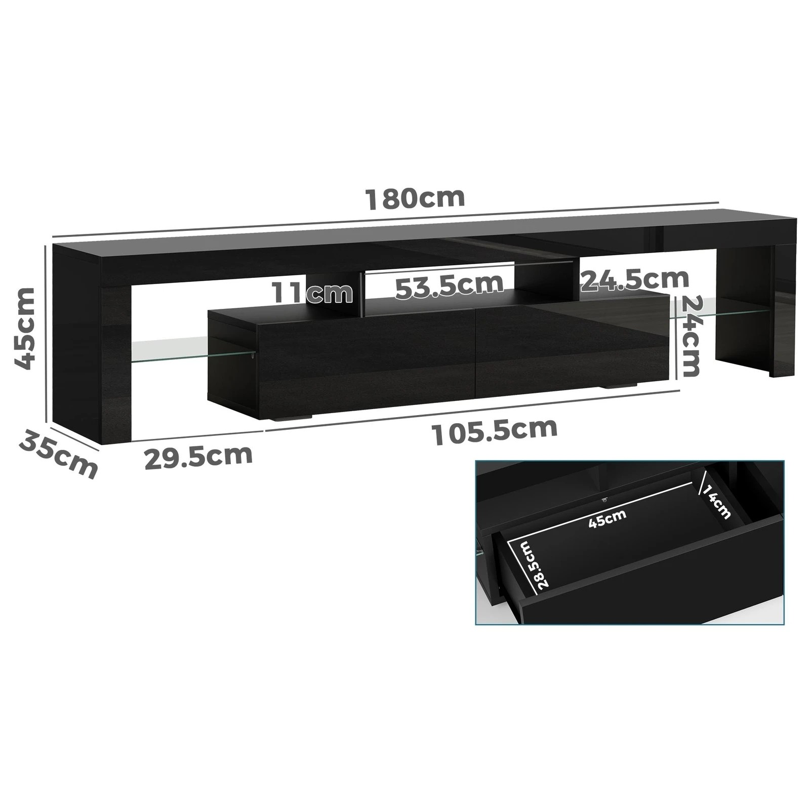 2 Alfordson Entertainment Unit 180cm TV Stand LED Light Storage Gloss - Black, 2 of 10