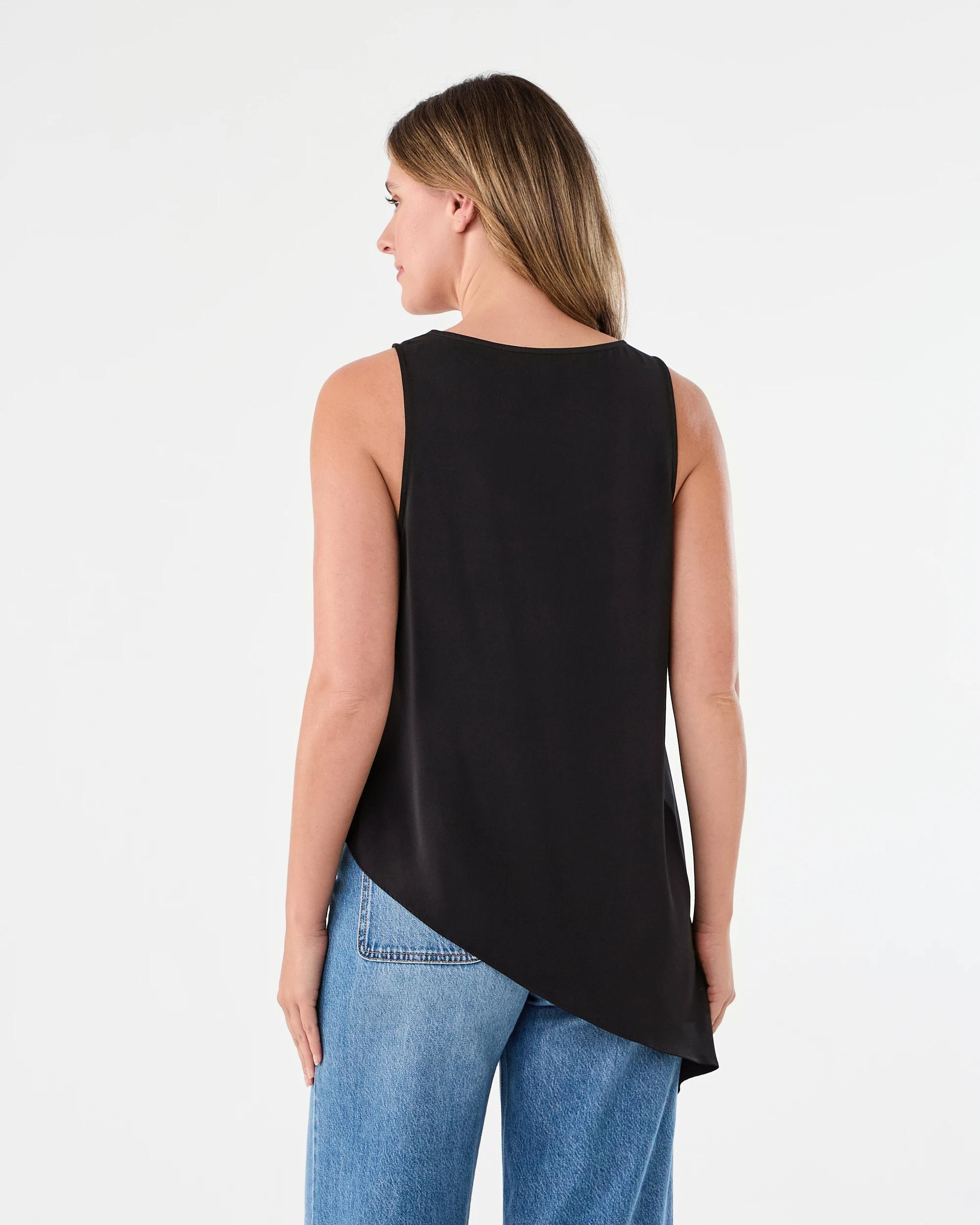 3 Sleeveless Asymmetrical Satin Scoop Tank Black, 3 of 6