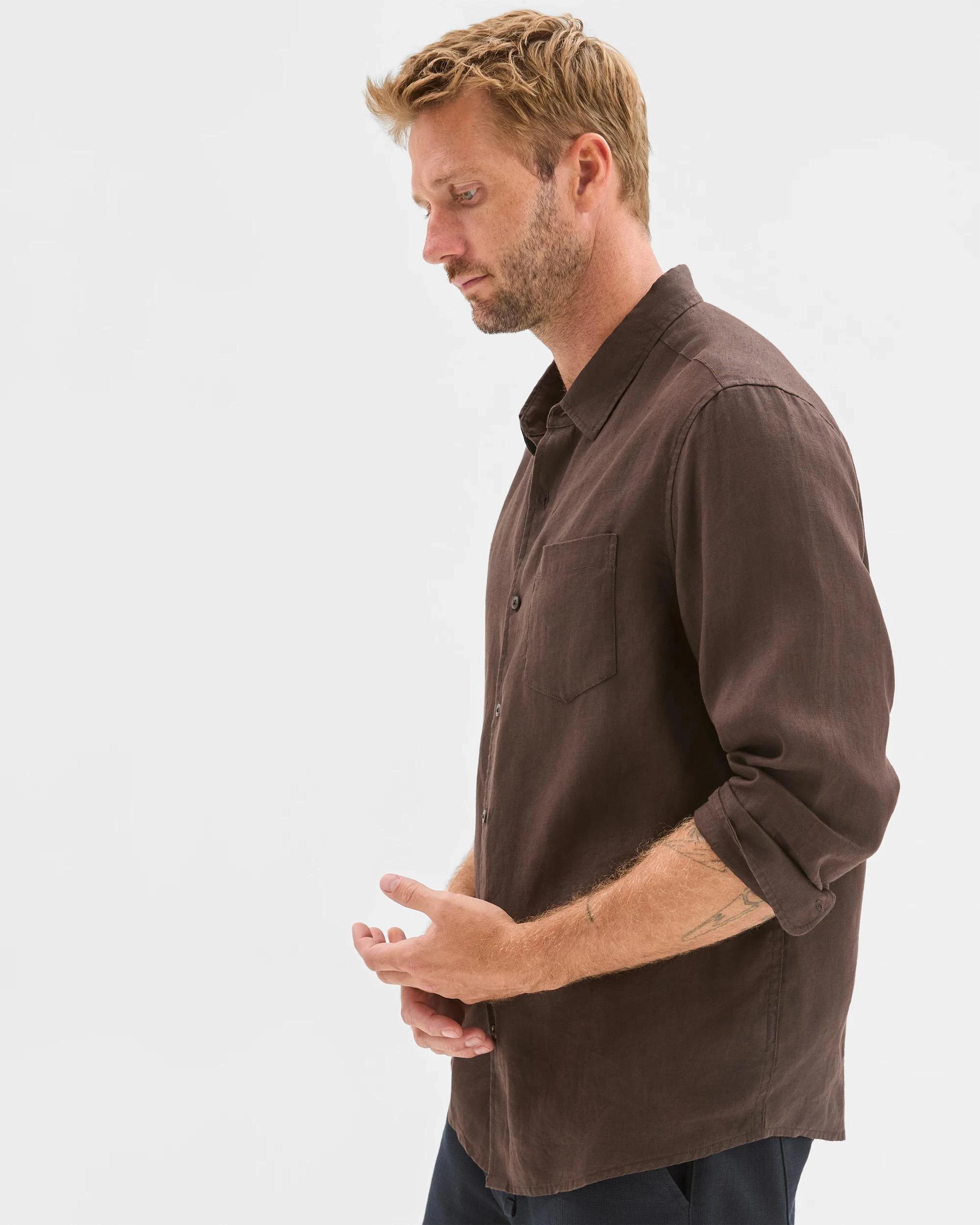 3 Target Man European Linen Long Sleeve Shirt CHOCOLATE, 3 of 5