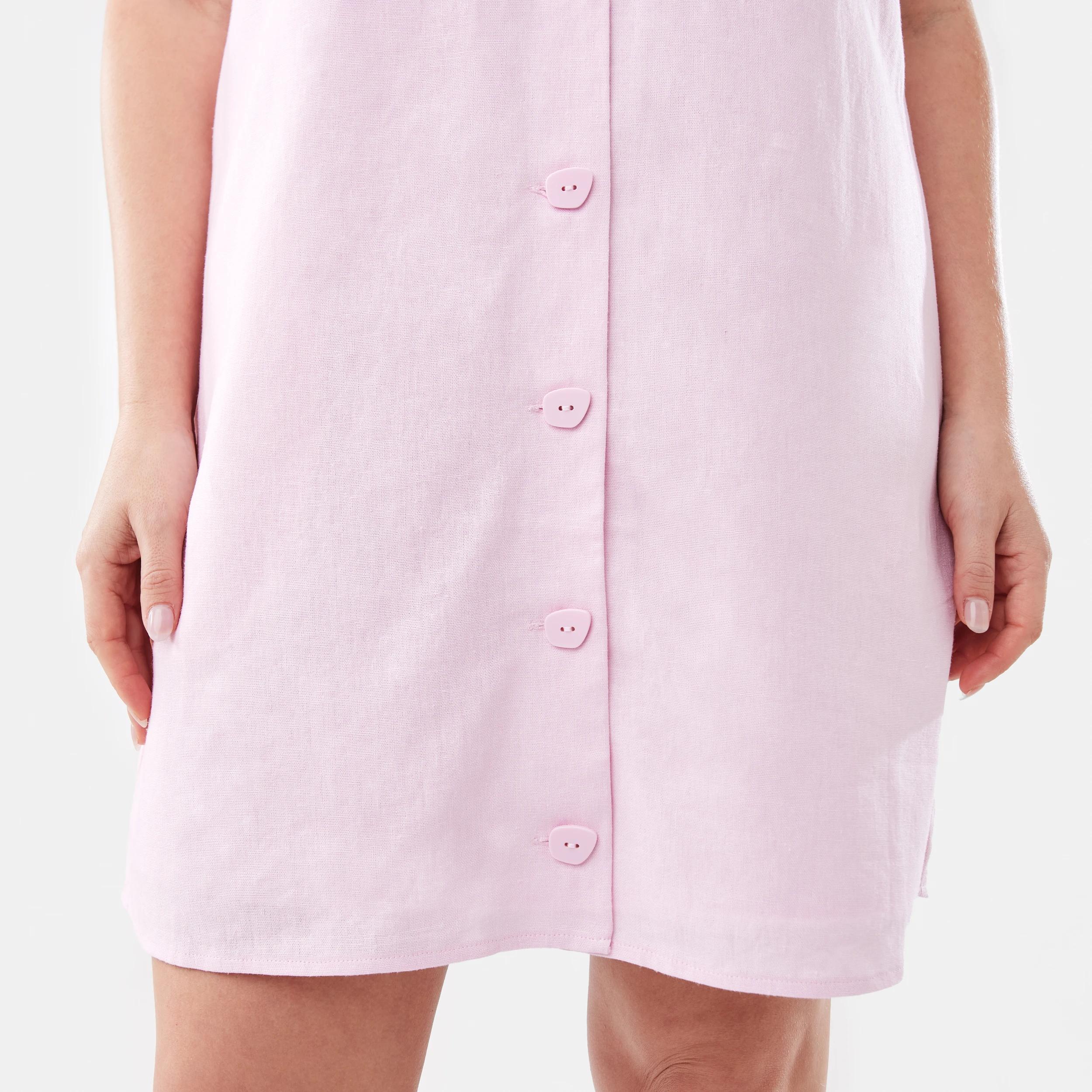 9 Sleeveless V-neck Linen Blend Button Mini Dress Chery Pink, 9 of 9