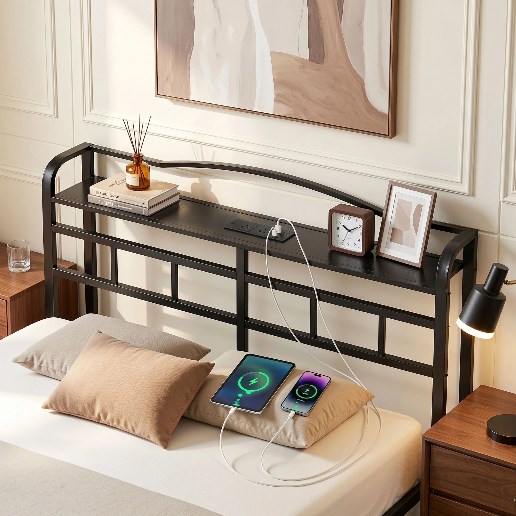 4 Artiss Bed Frame Queen Size with Charging Station WAVE - Black, 4 of 7