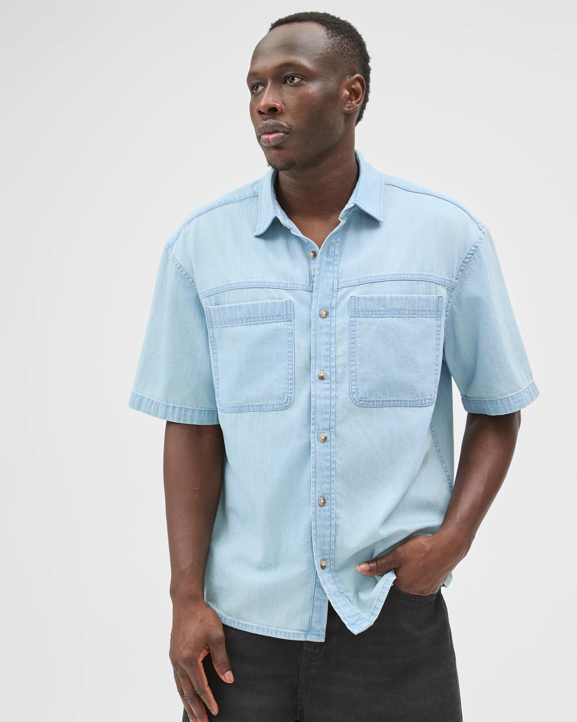 4 Commons Plain Boxy Fit Denim Shirt MID BLUE, 4 of 7
