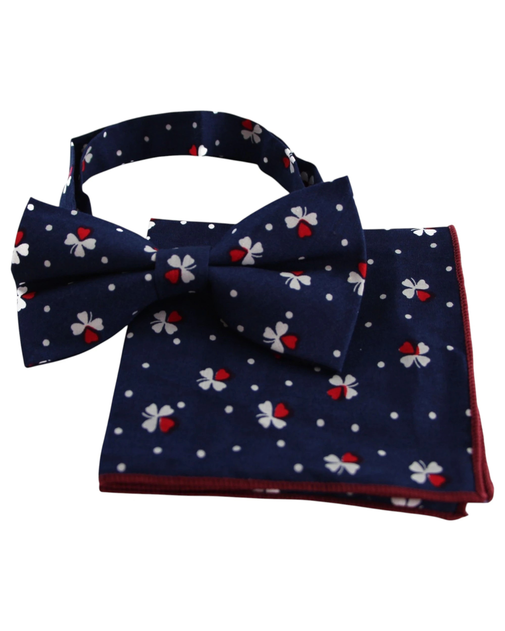 1 Zasel Mens Navy, With Red & White Clover Cotton Bow Tie & Pocket Square Set - Multi, 1 of 4