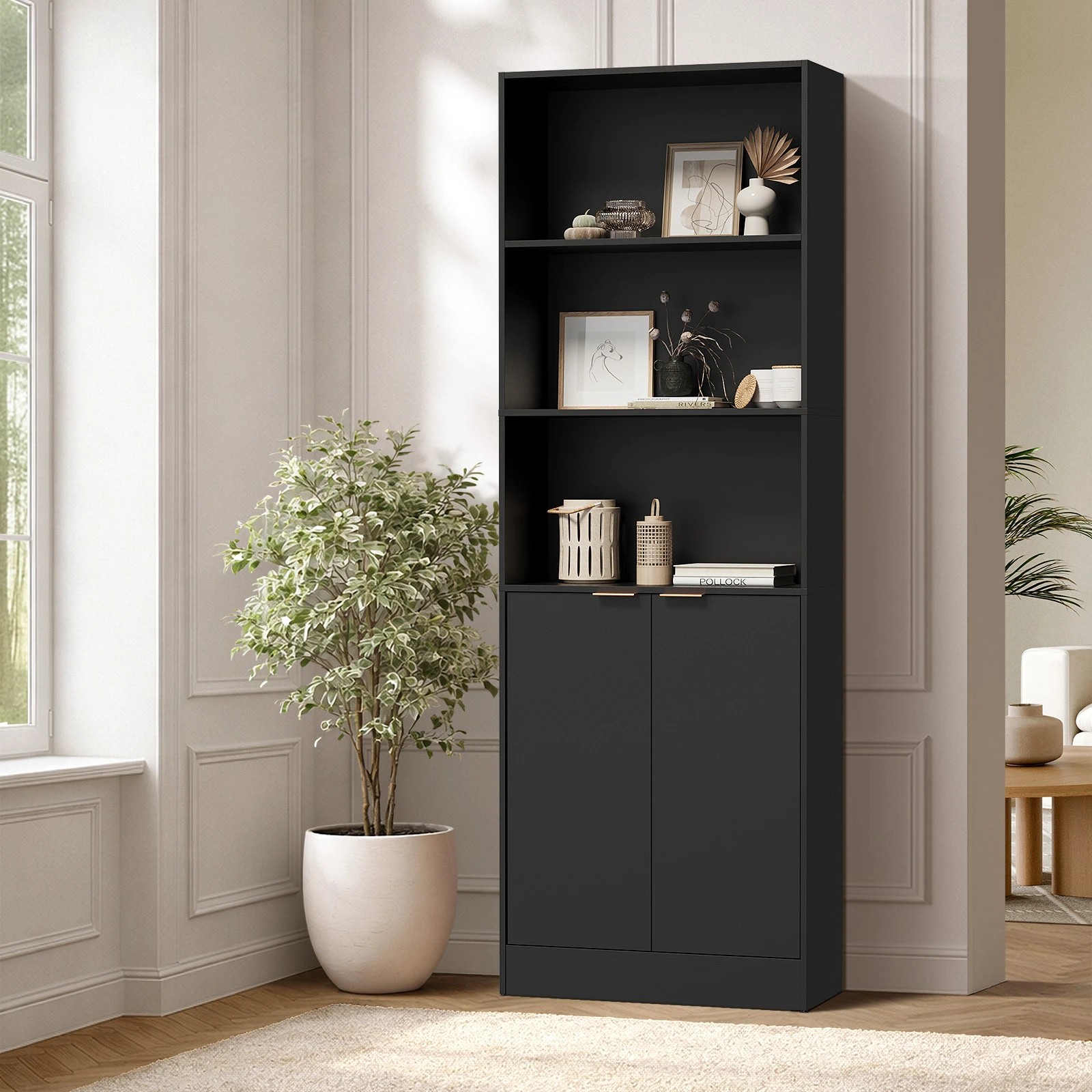 3 Oikiture Tall Bookcase Display Shelf 2 Door Adjustable Storage Cabinet - Black, 3 of 8