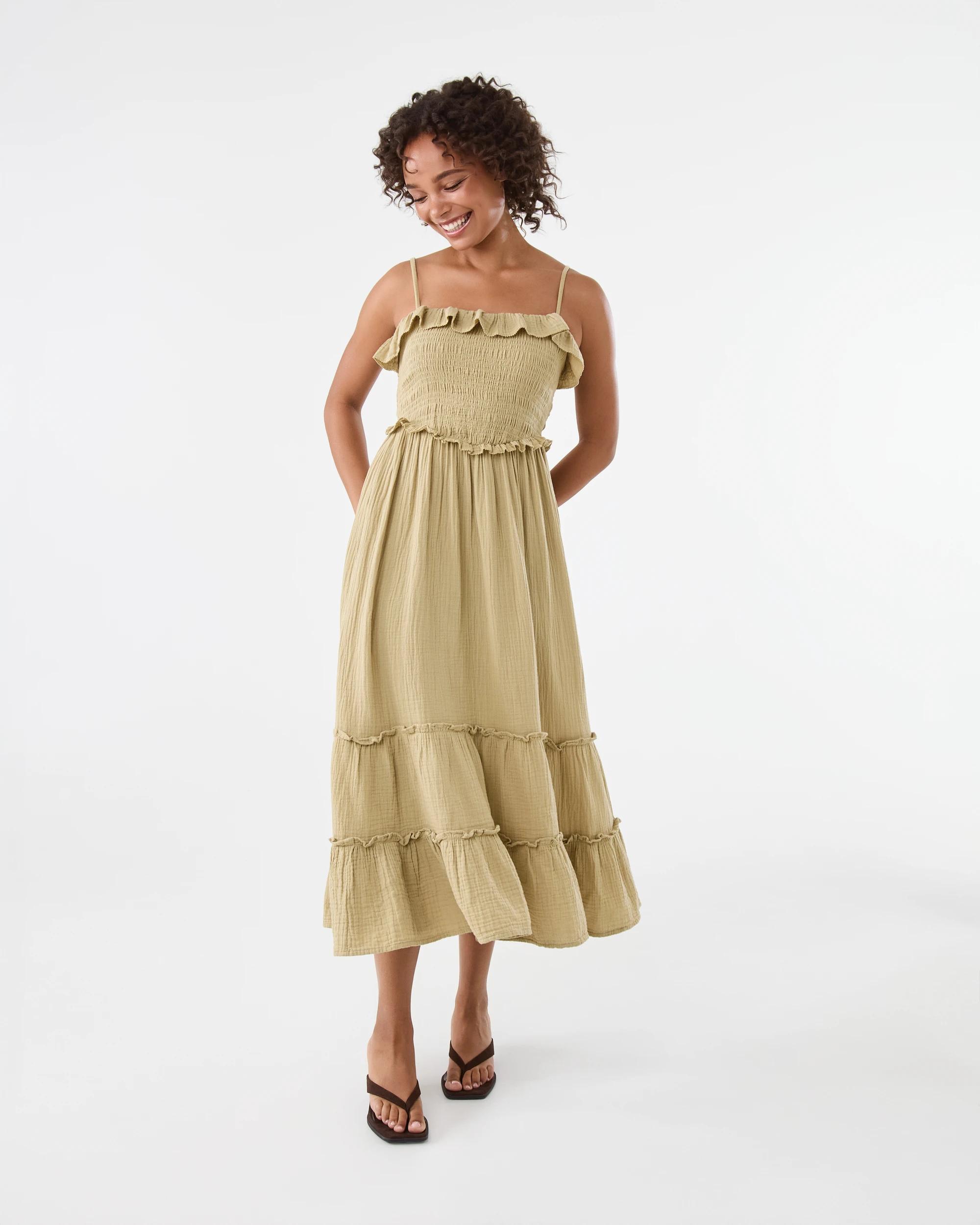 1 Sleeveless Double Cloth Frill Midi Dress Urban Grn, 1 of 9