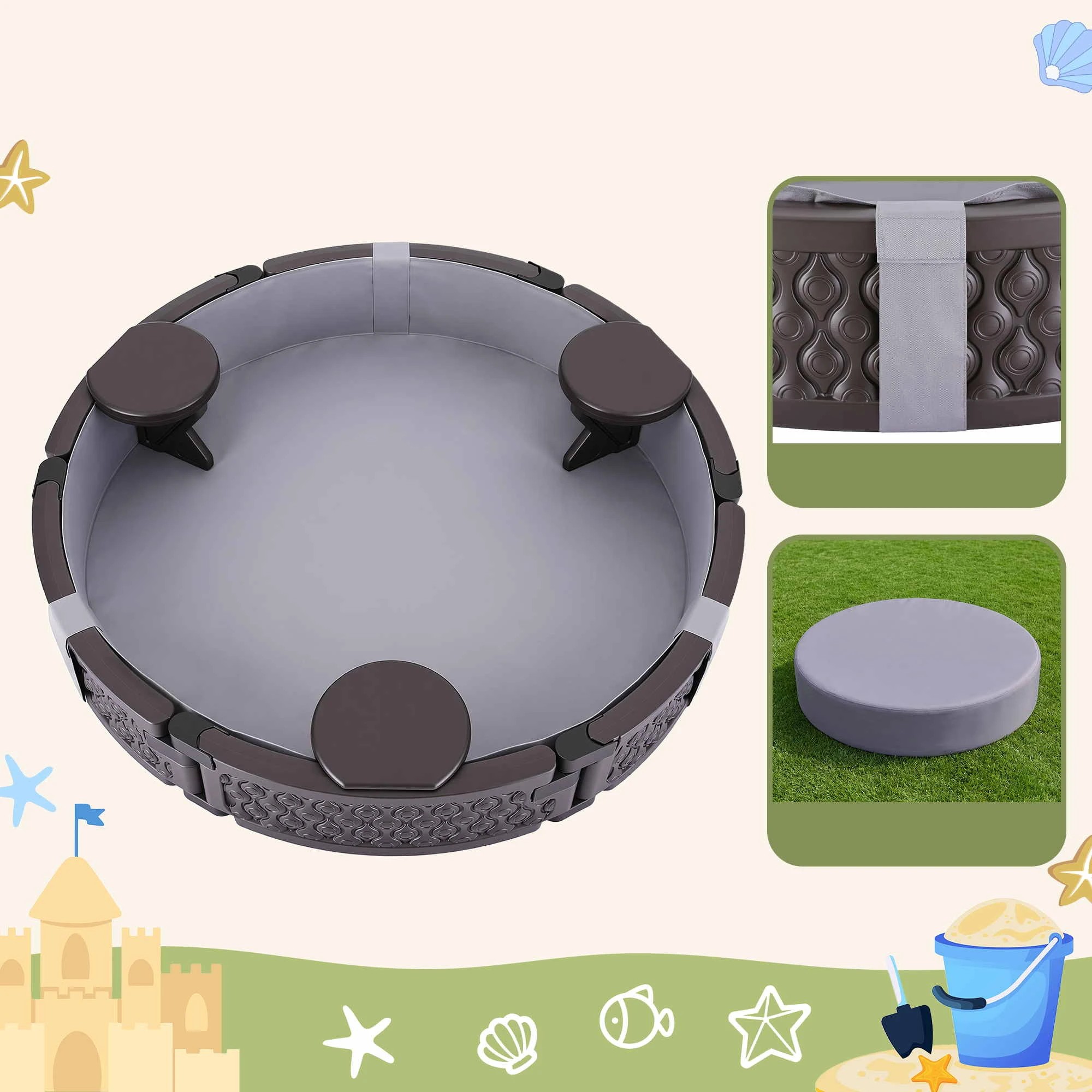 6 Kids Round Sandpit 121cm With 3 Seats Cover And Bottom Liner - Brown, 6 of 8