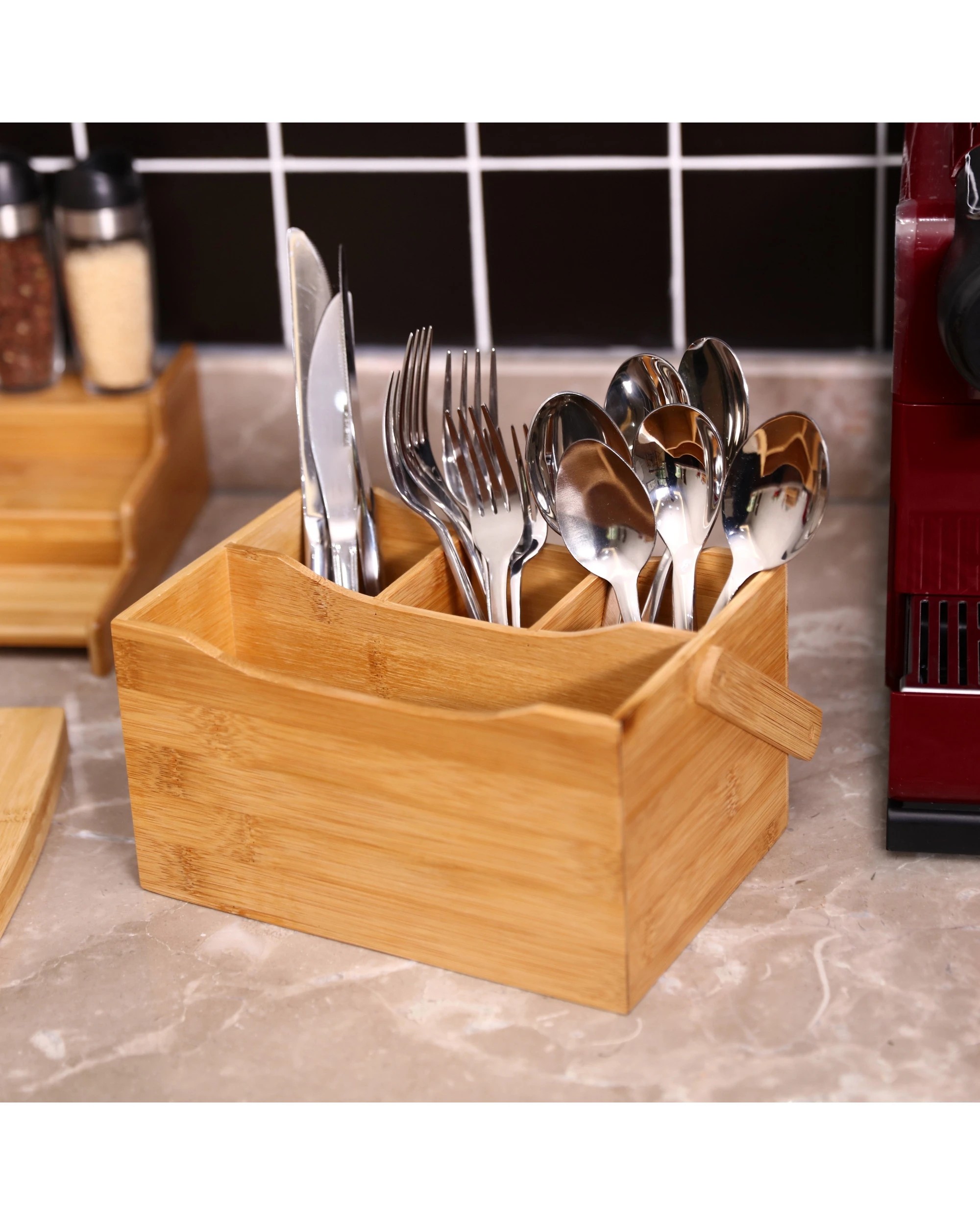 2 Sherwood Home Bamboo Cutlery Caddy Holds Knife/Fork/Spoon and Napkin/Serviette - Natural Brown, 2 of 3
