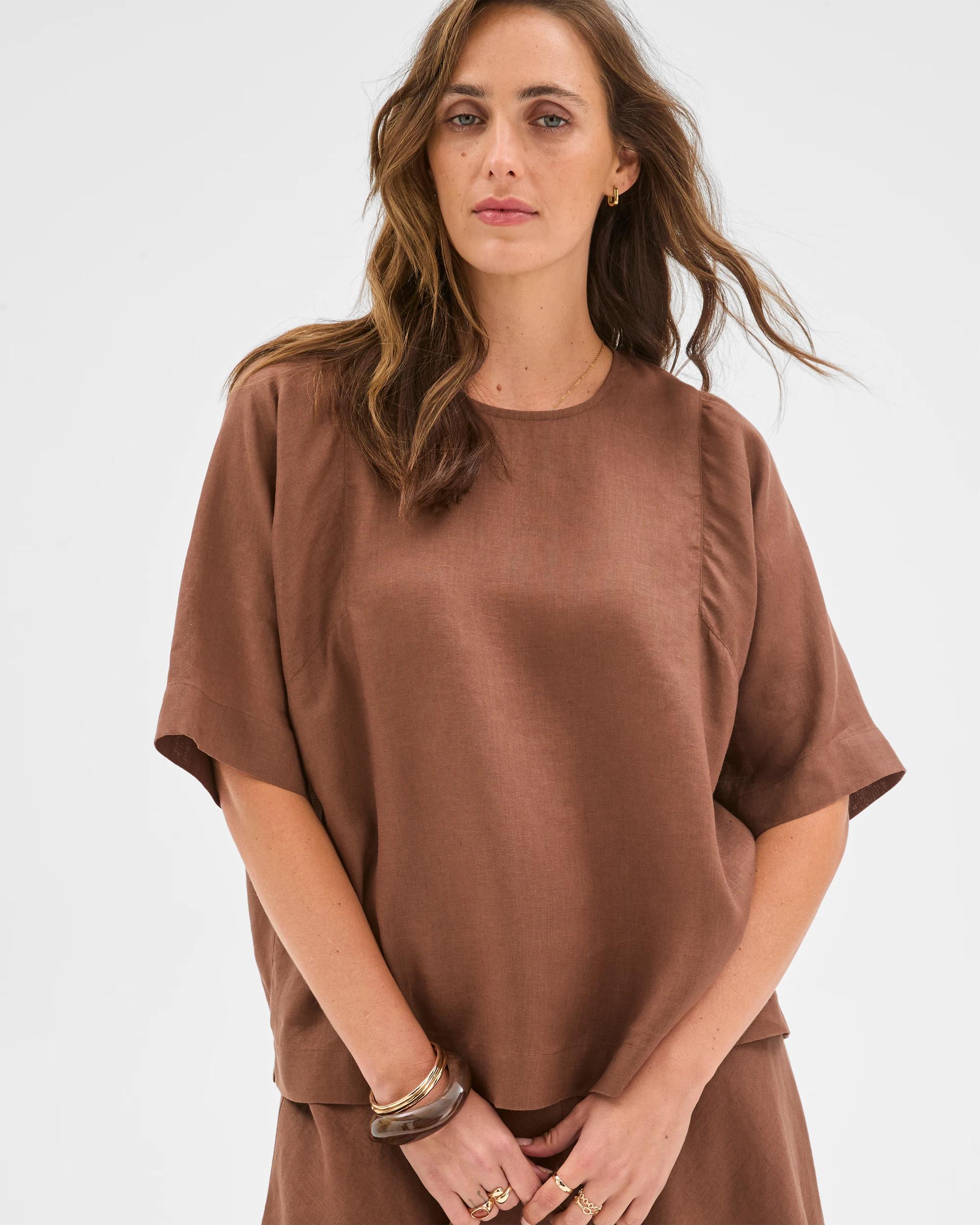 2 Target Woman European Linen Seamed T-Shirt WARM BROWN, 2 of 5
