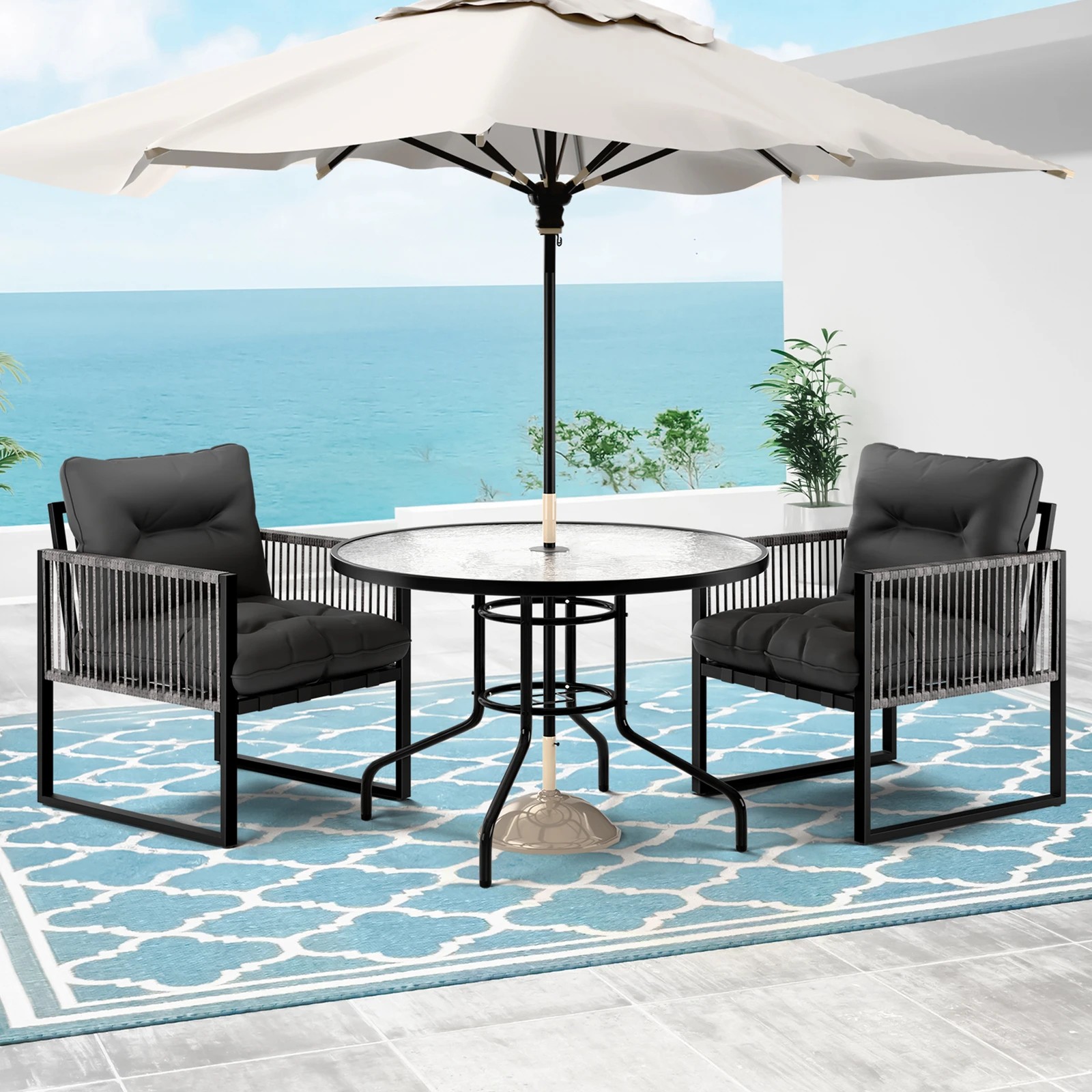 3 Alfordson Outdoor Patio Furniture Dining Table Lounge Chairs Set Glass Armchair - Grey, 3 of 10