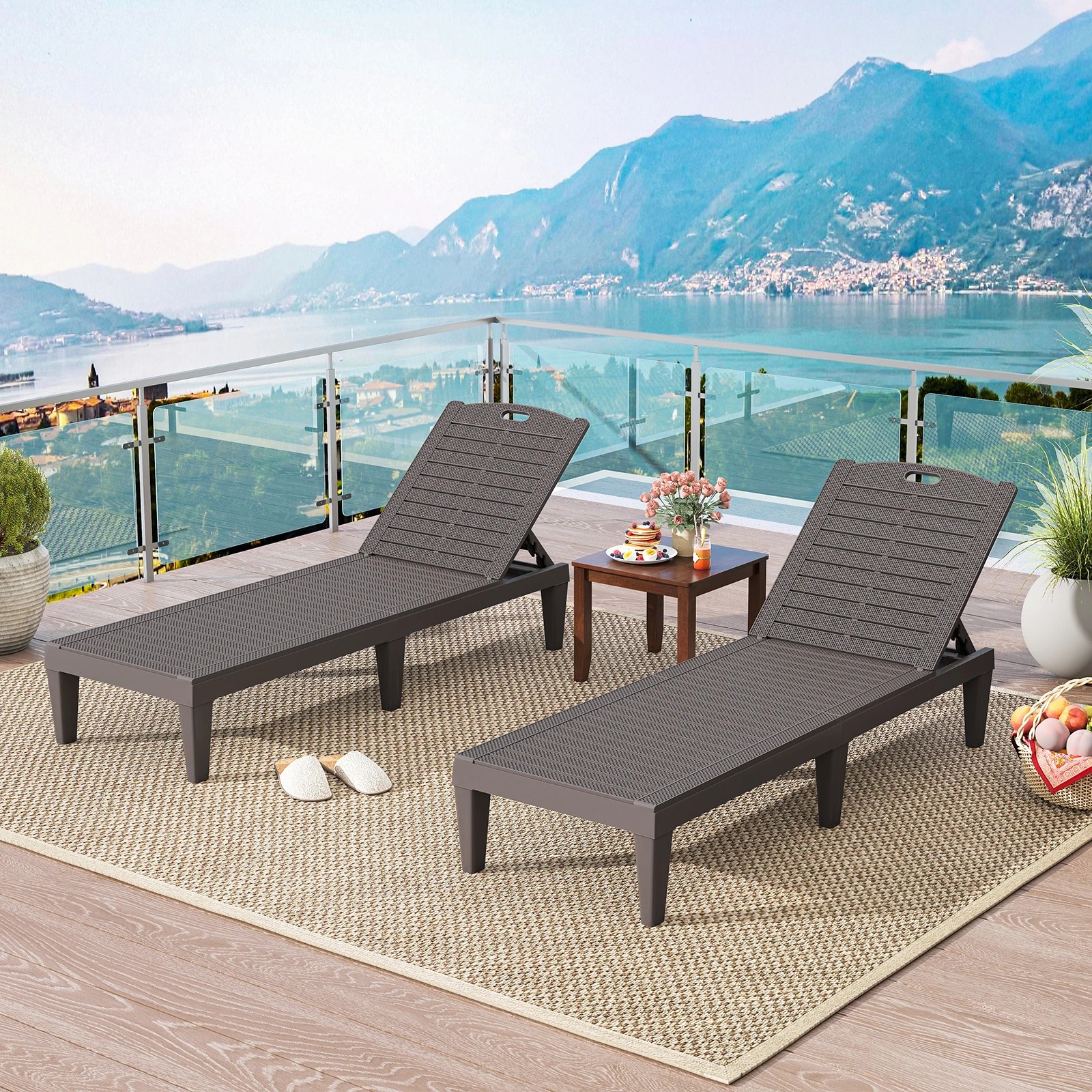 5 Costway 2x Outdoor Lounge Chairs PP Recliner Lounger w/4-Position Backrests - Brown, 5 of 6