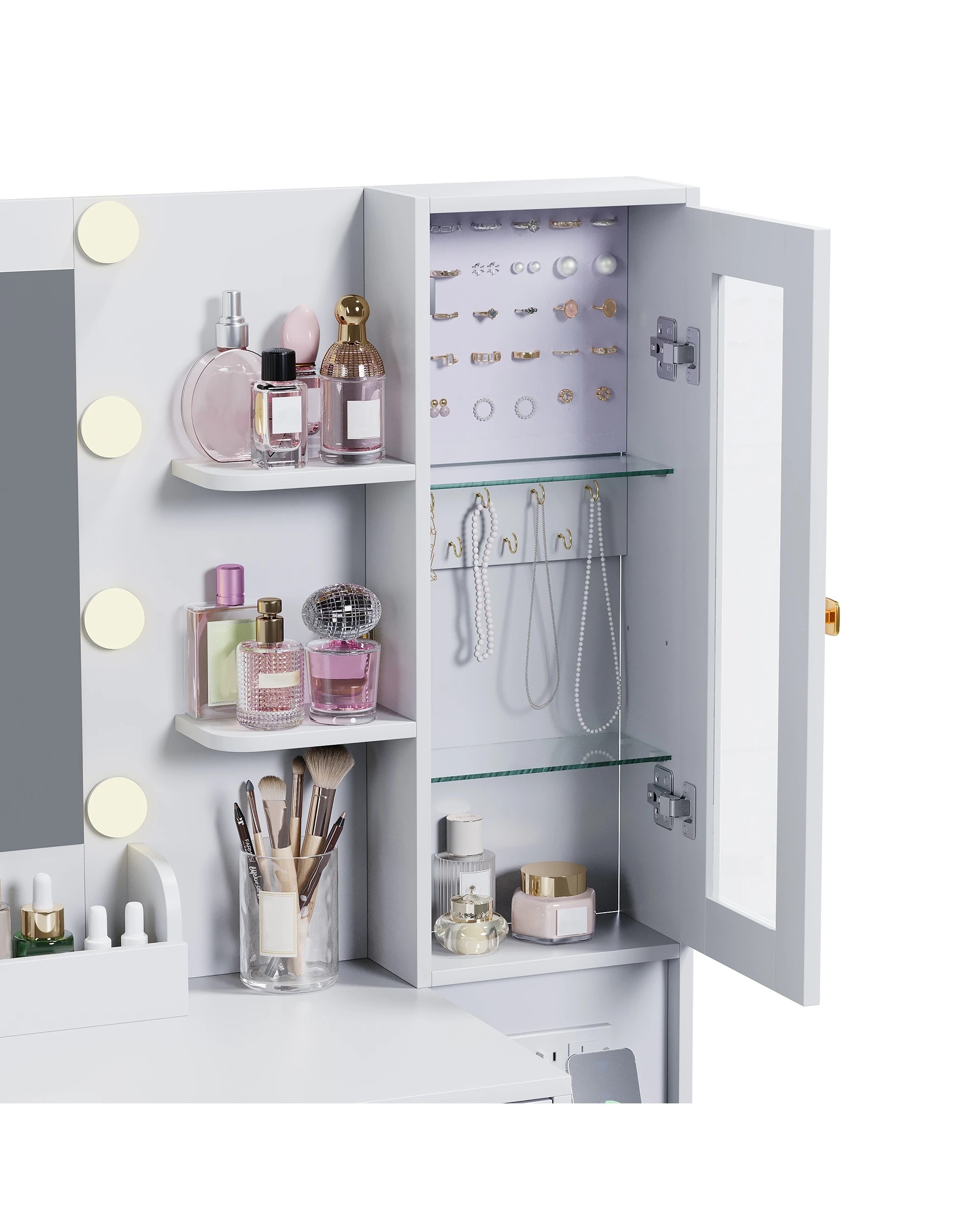 5 Advwin Dressing Table Makeup Mirror Stool Set with Charging Station LED Light - White, 5 of 9