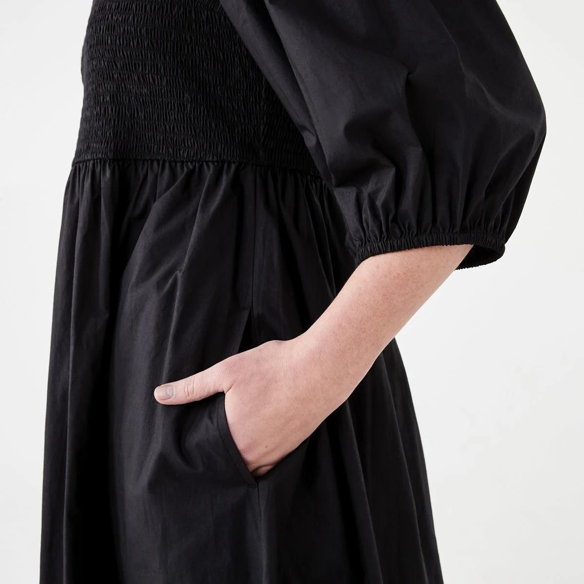 6 Short Sleeve Shirred Bodice Midi Dress BLACK, 6 of 6