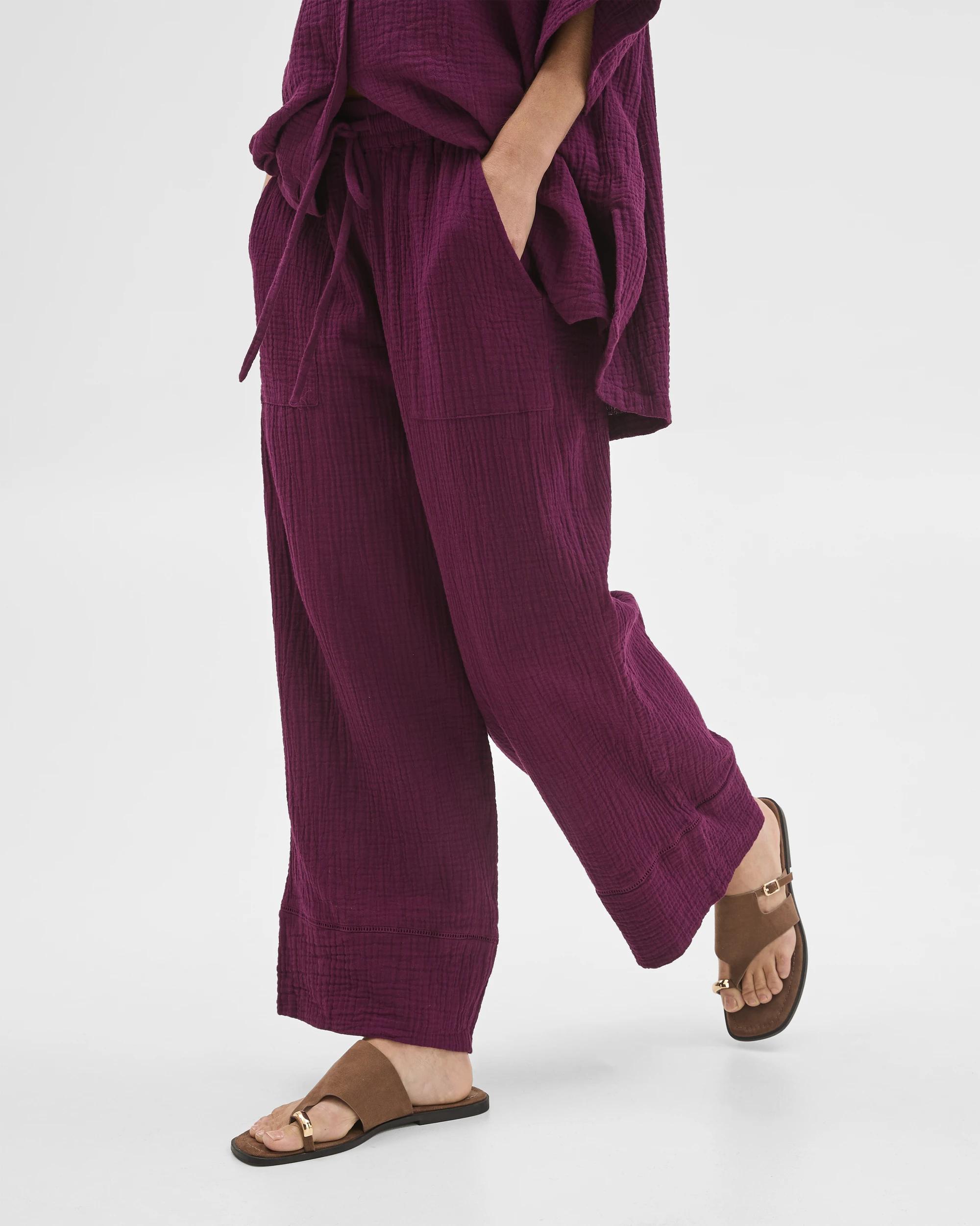 4 Target Woman Australian Cotton Resort Woven Trim Detail Pants DEEP PLUM, 4 of 6