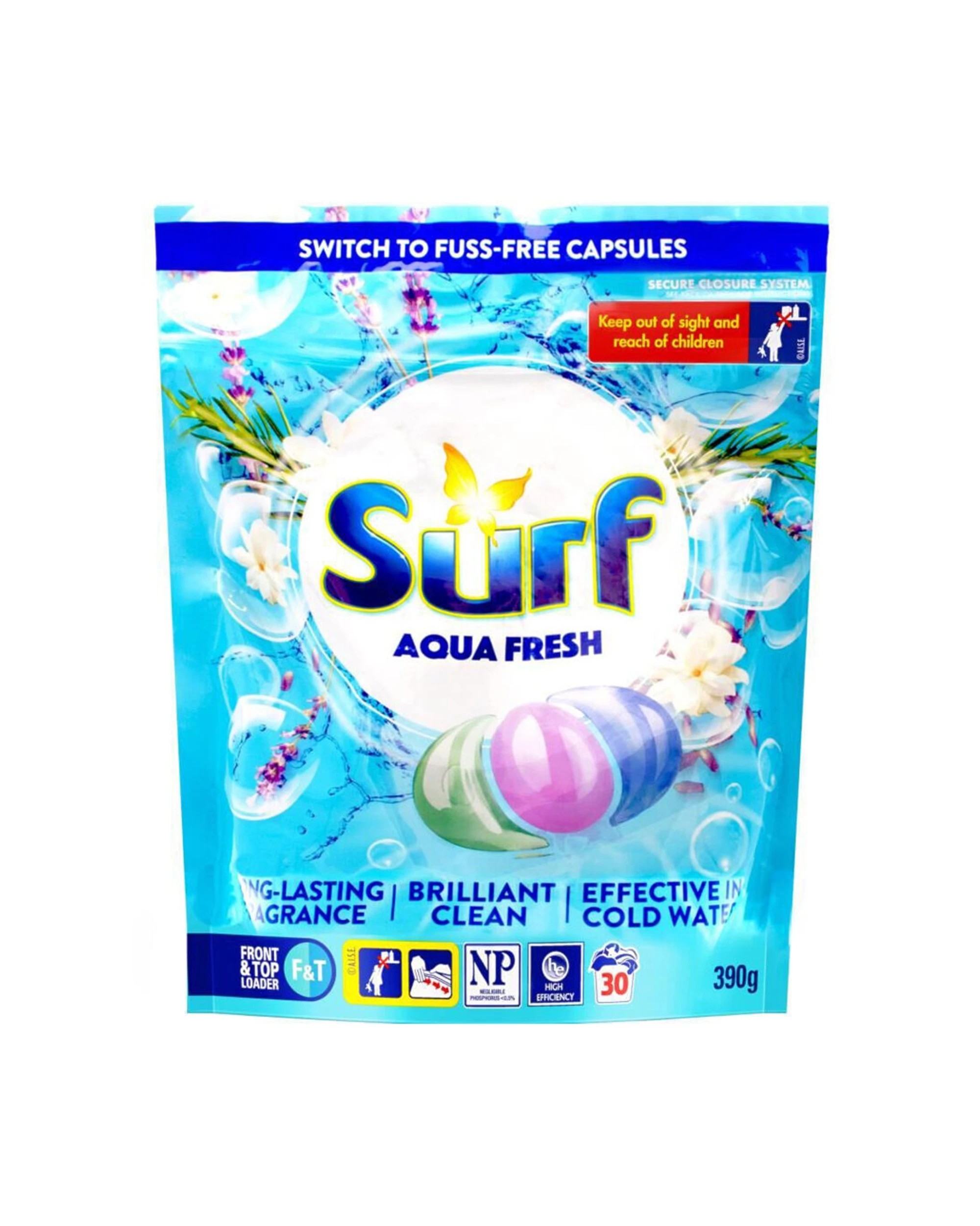 2 Surf 6x 30pc Laundry Capsules Aqua Fresh Front and Top Loader 390g Pack - Blue, 2 of 3