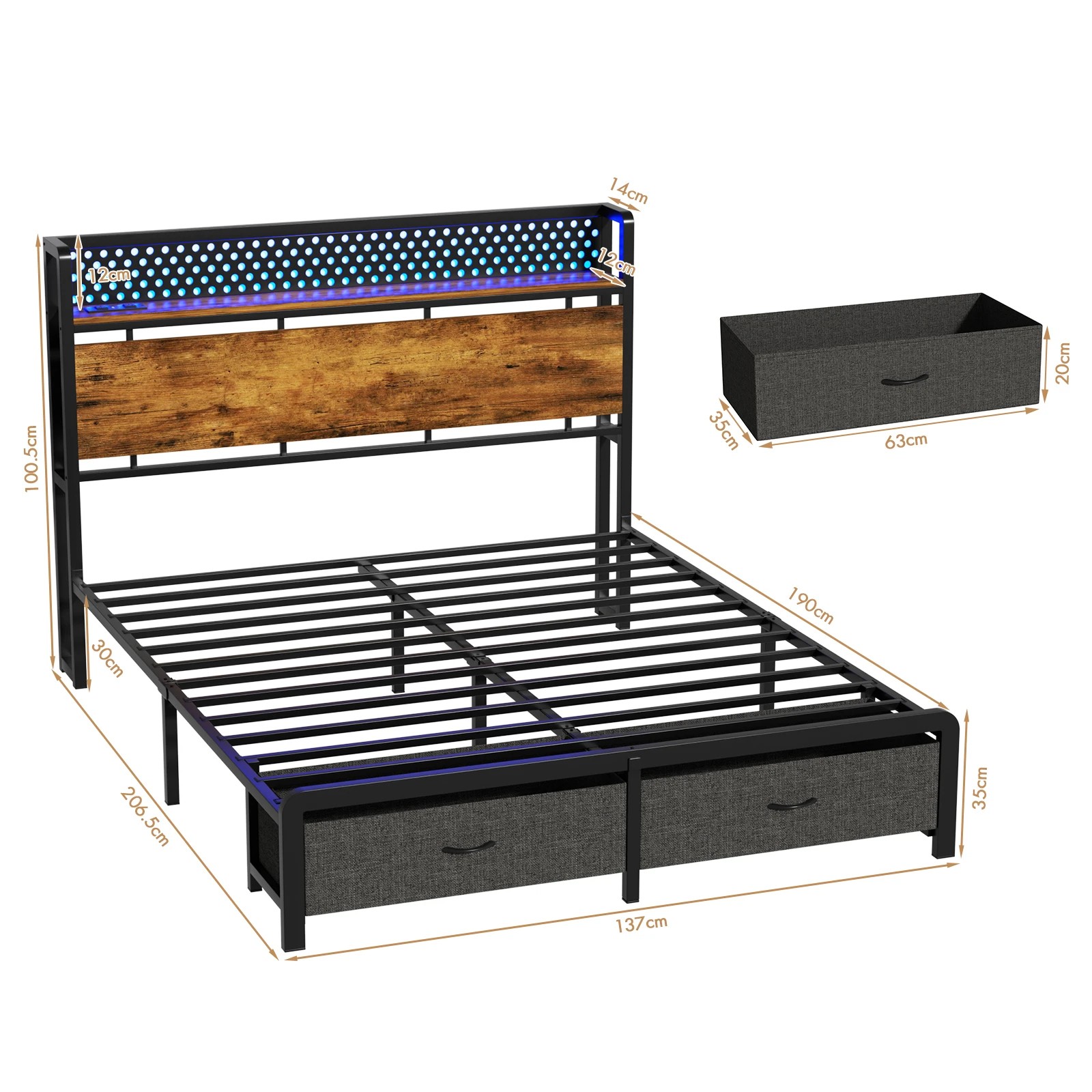 3 Advwin Double Size LED Bed Frame with Charging and 2 Drawers - Brown, 3 of 9