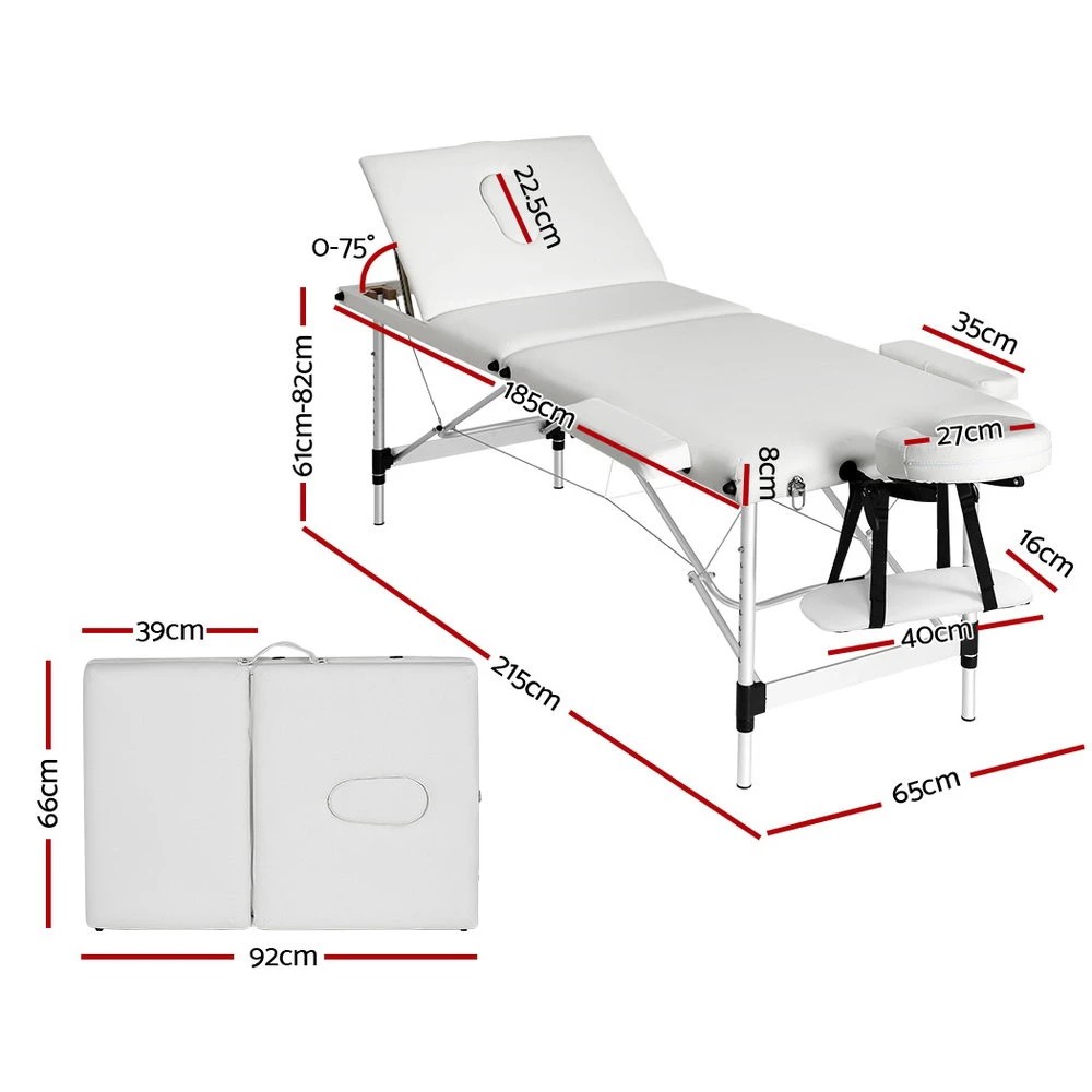 2 Zenses Massage Table 65cm Portable 3 Fold Aluminium Beauty Bed - White, 2 of 6