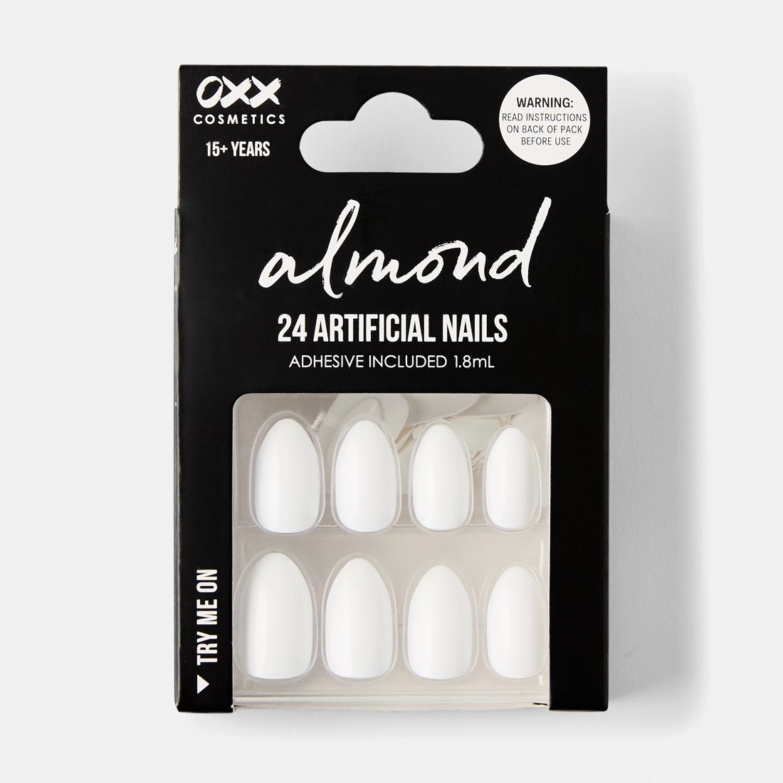 1 OXX Cosmetics 24 Pack Artificial Nails with Adhesive - Almond Shape, White Shiny, 1 of 4