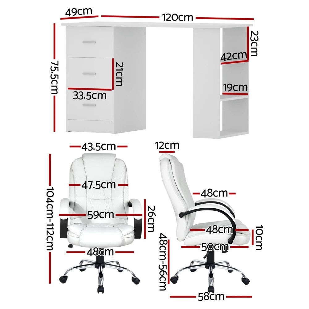 2 Artiss Computer Desk 120cm Executive Office Chair Set PU Leather High Back - White, 2 of 6