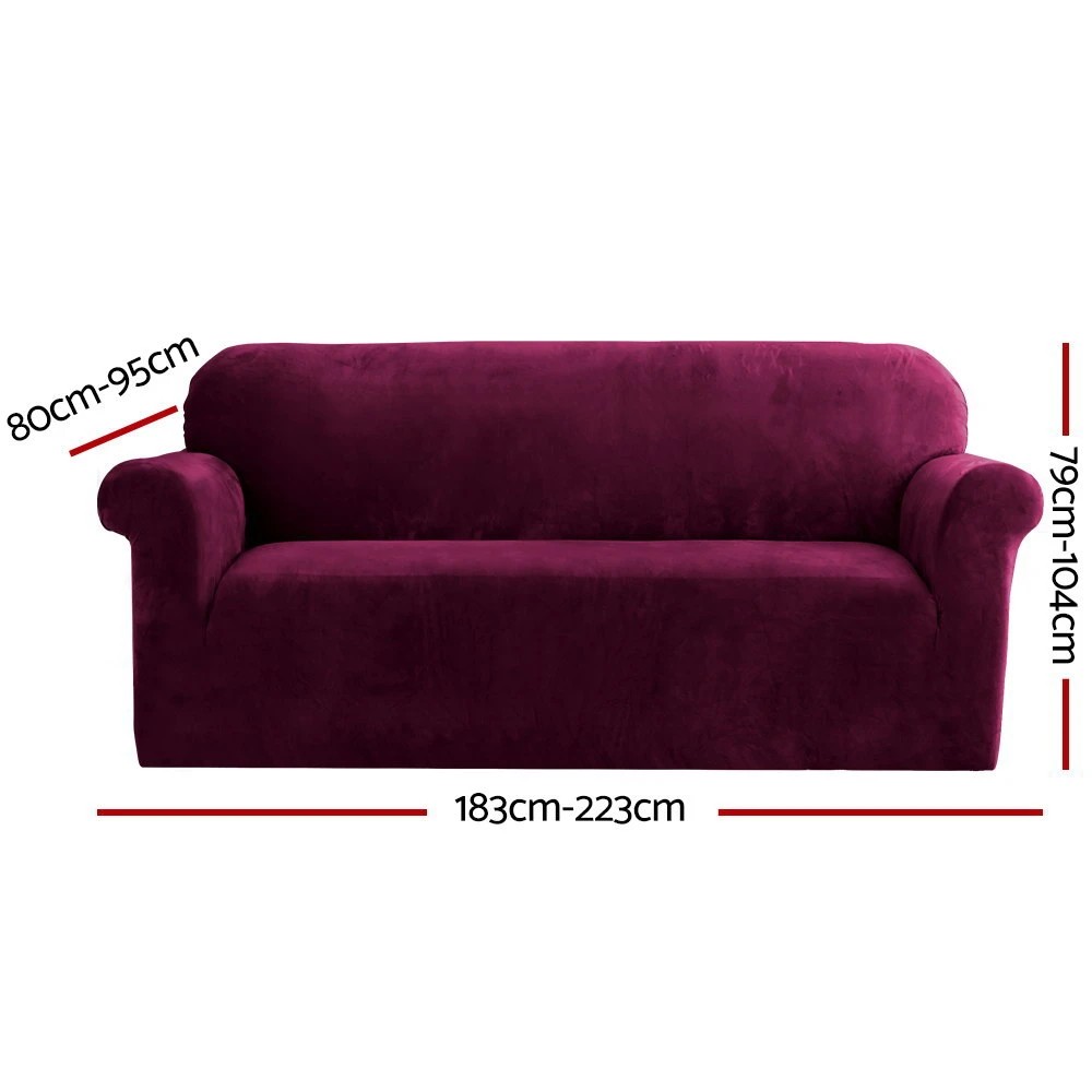 2 Artiss Sofa Cover Couch Covers 3 Seater Velvet Ruby - Red, 2 of 5