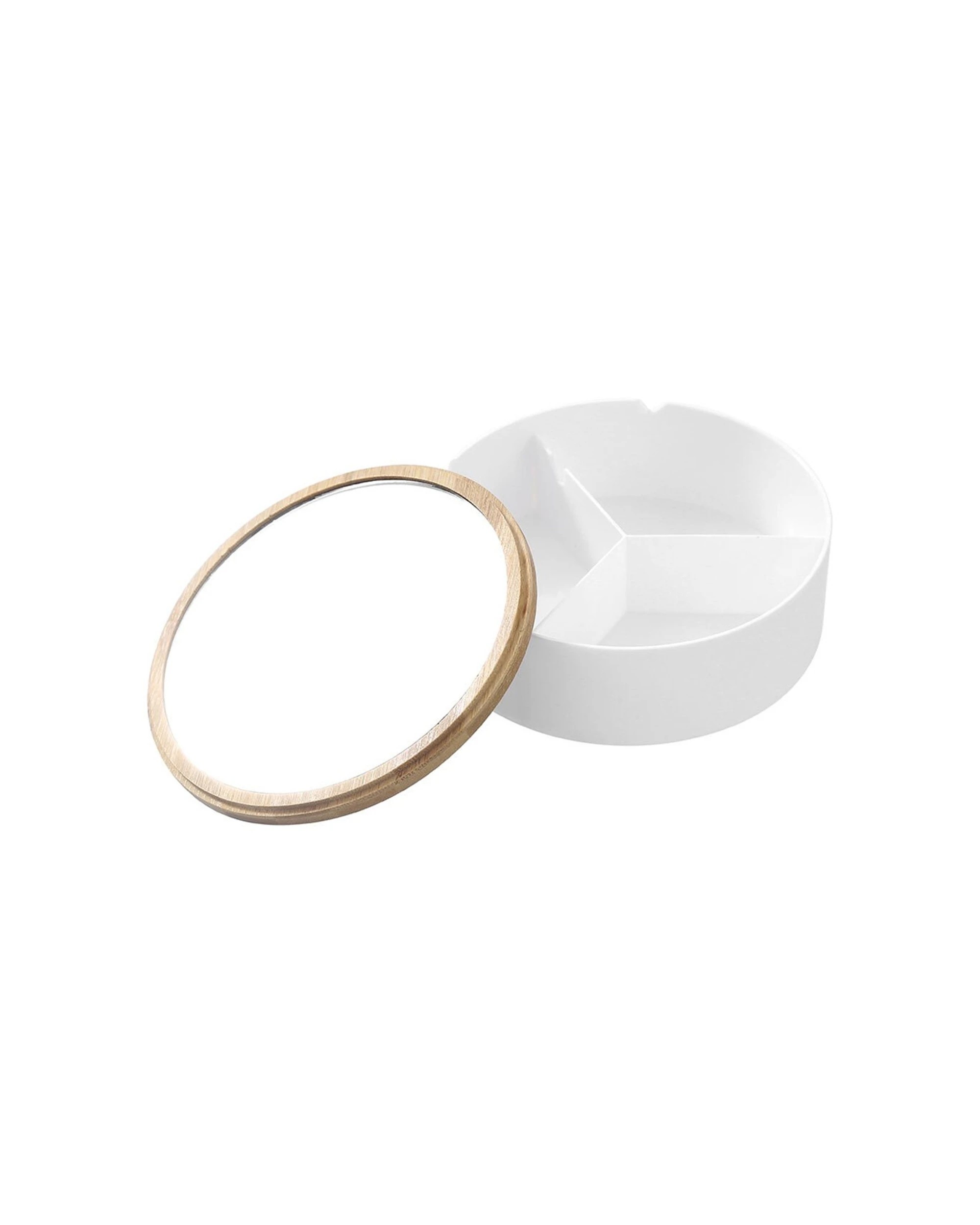 4 Boxsweden Bano Round Organiser Box With Mirror Bamboo Top 14cm x 14cm x 5cm, 4 of 5