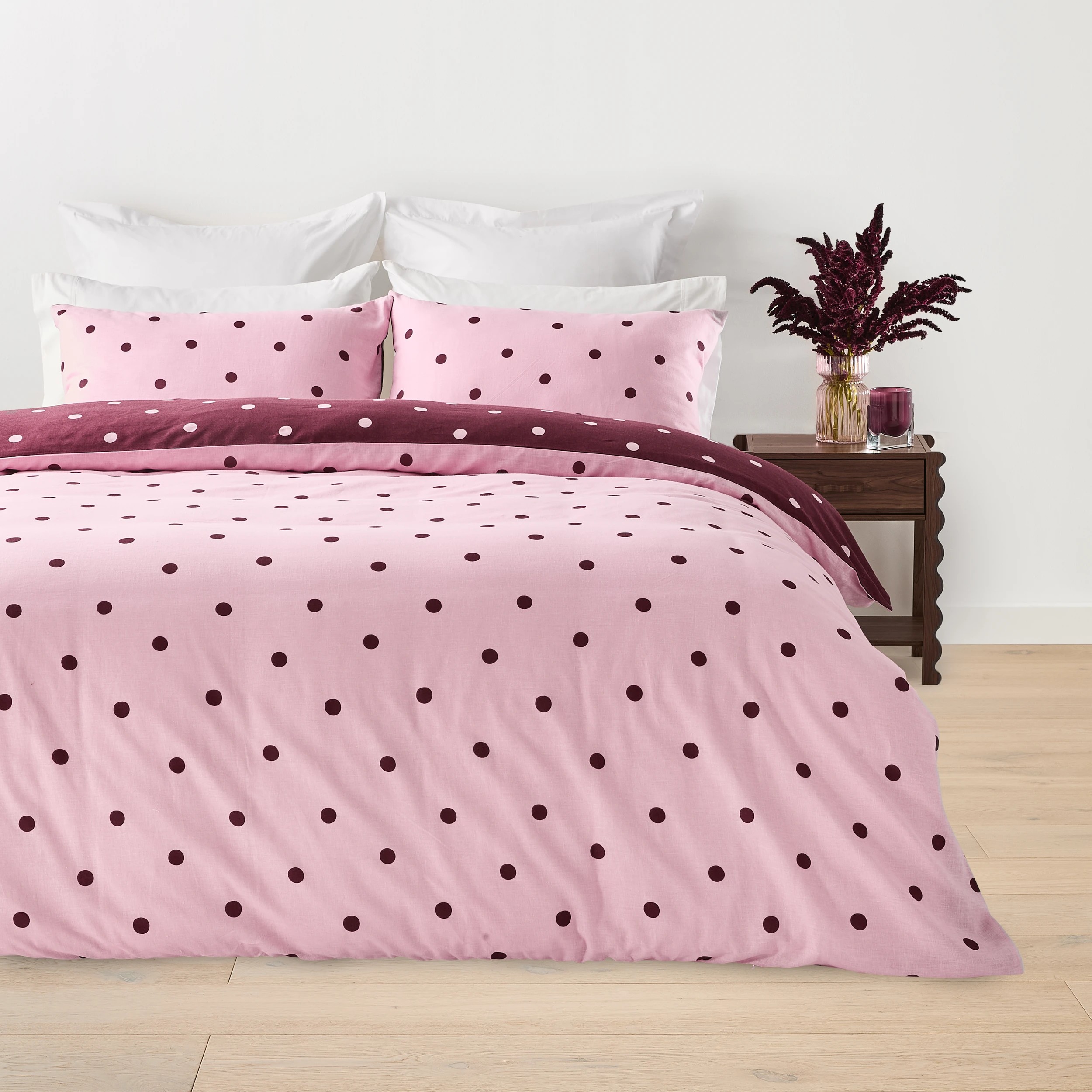 3 Polka Dot Linen Cotton Reversible Quilt Cover Set - King Bed, Fig and Pink, 3 of 9