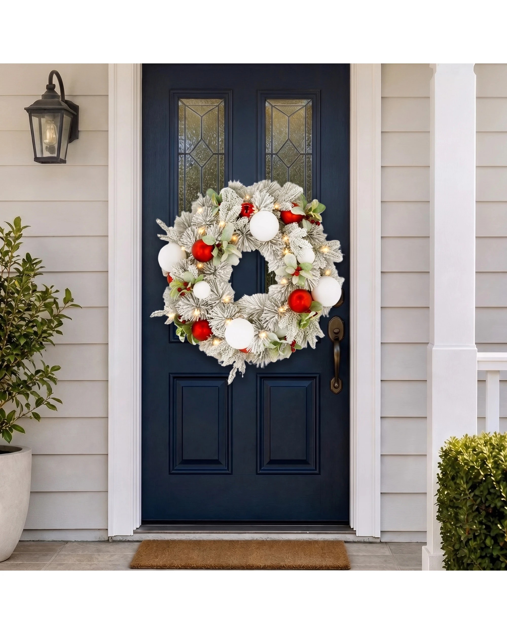 2 Christabelle 61cm Snowy Elegance Pre-Lit Christmas Wreath - Warm White LEDs, Red & White Baubles - White, 2 of 10