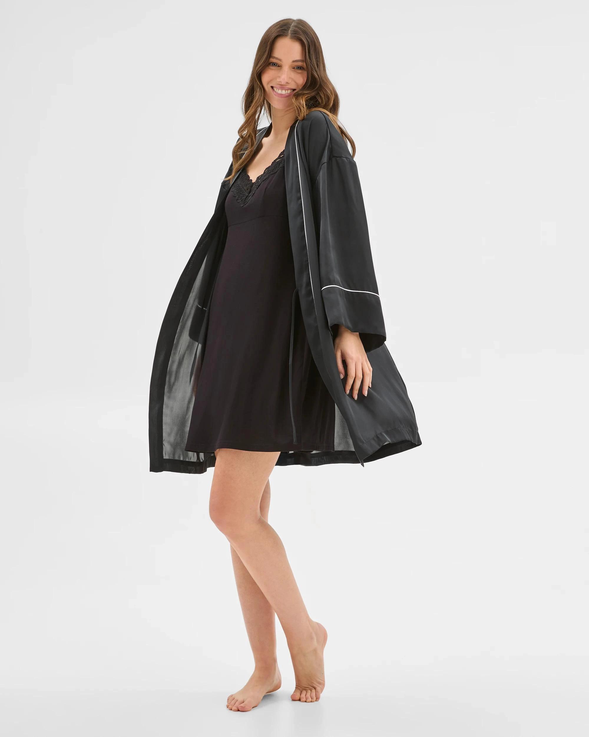 1 Target Womens Satin Short Sleep Robe BLACK, 1 of 6