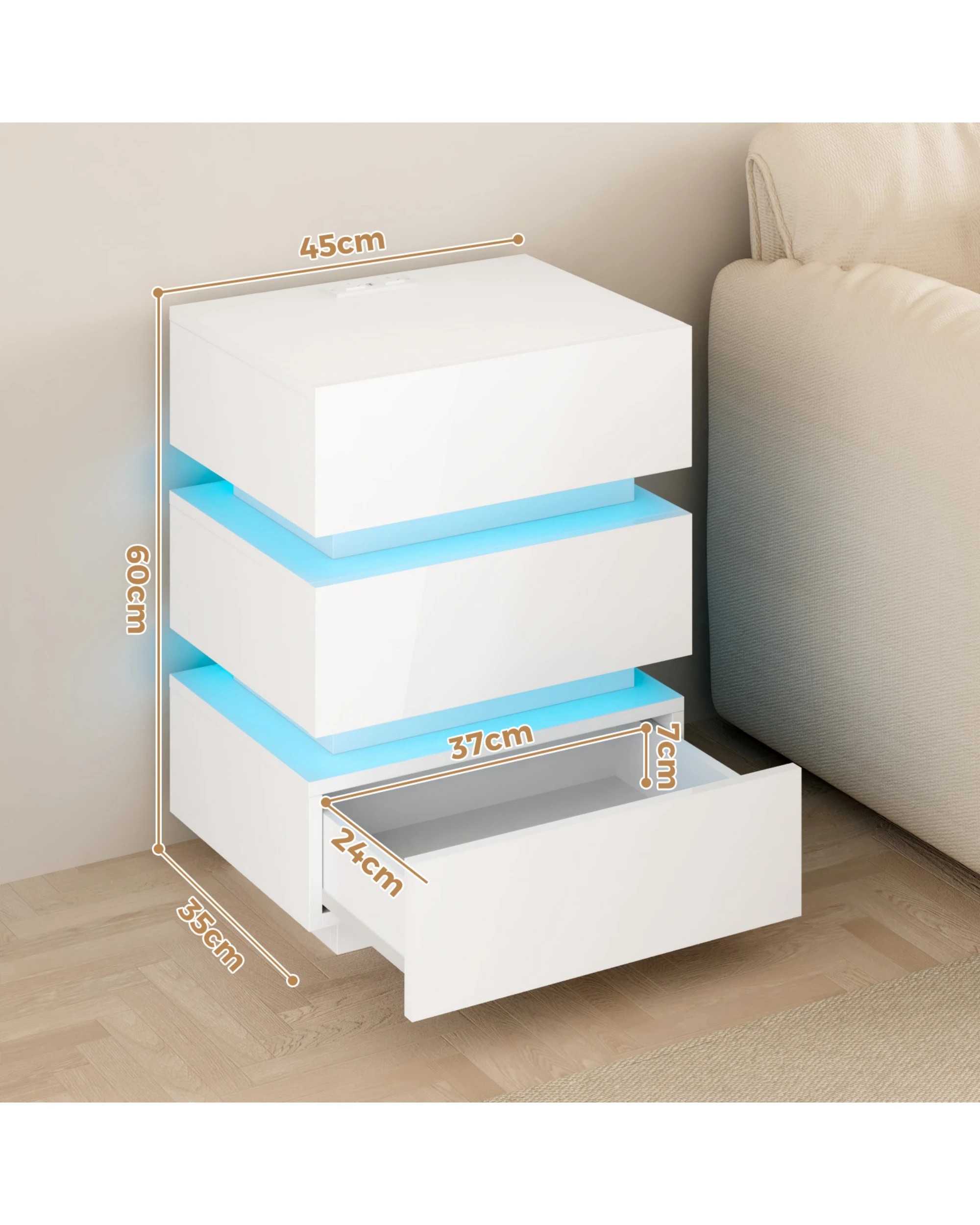 2 Advwin Bedside Table 3 Drawers With with Charging Station & LED Light - White, 2 of 7
