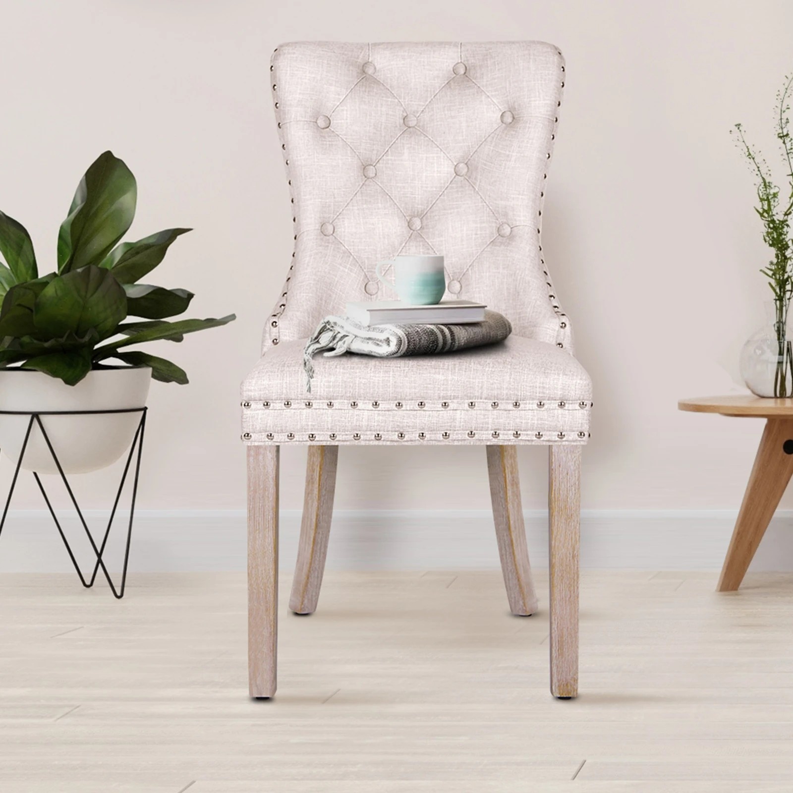 5 Alfordson 2x Dining Chair Kitchen Lounge Retro Button Tufted Wooden Fabric - Beige, 5 of 10