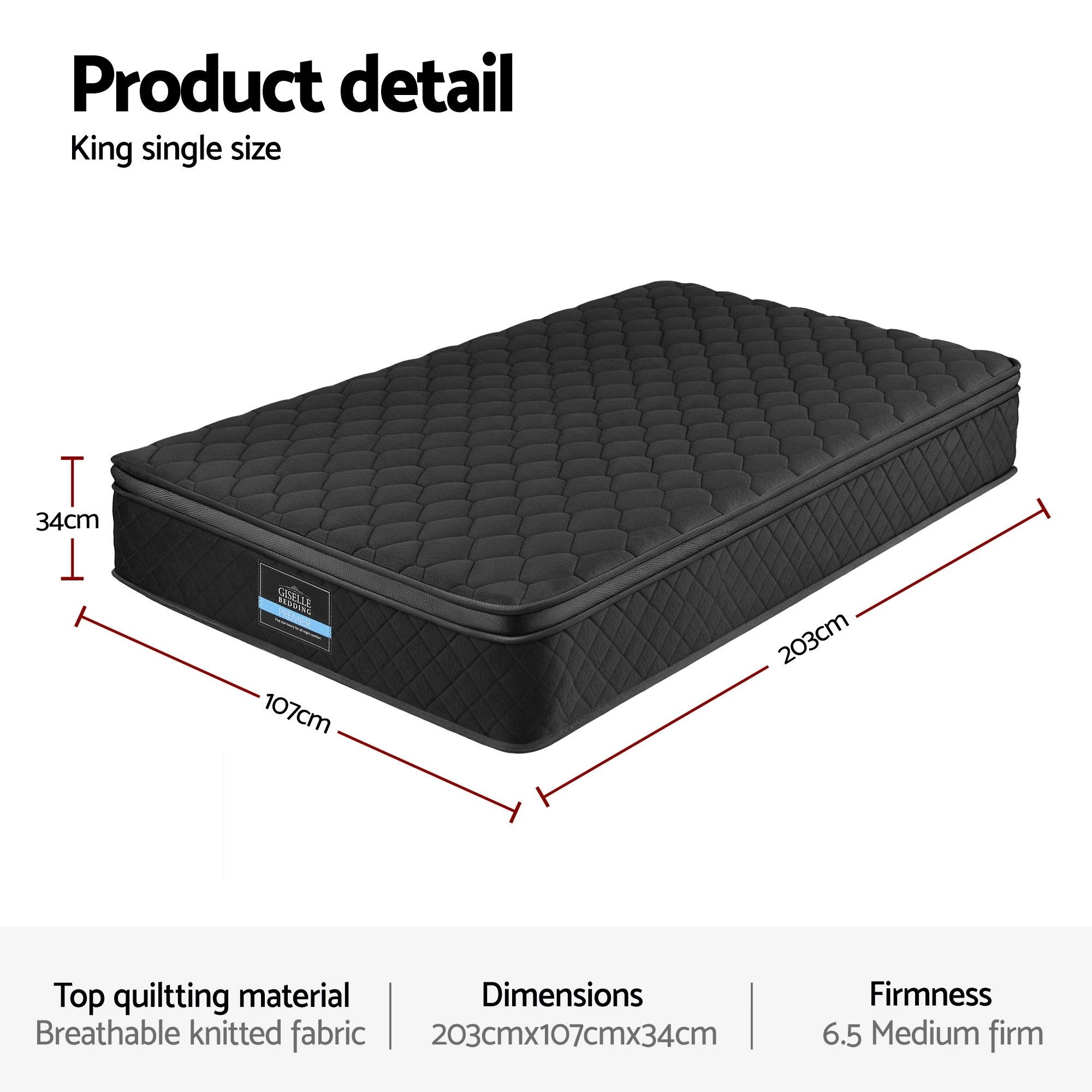 2 Giselle Bedding King Single Mattress 34cm Euro Top with 5-Zone Pocket Spring Support - King Single Bed - Black, 2 of 3