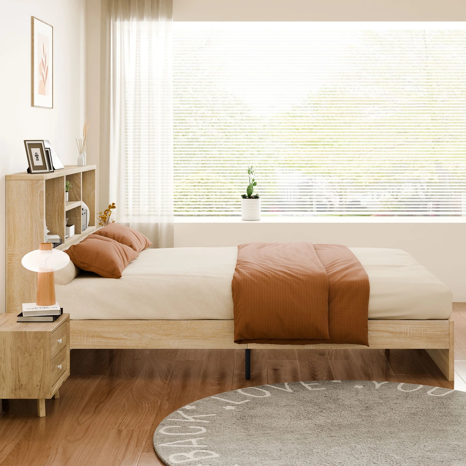 5 Alfordson Wooden Bed Frame Queen Size Base with Bookshelf Storage Headboard - Oak, 5 of 10