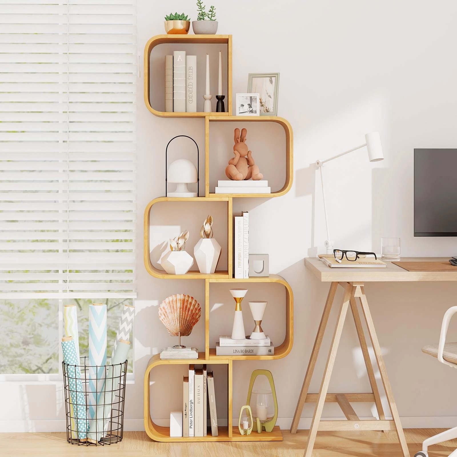3 Costway S-Shaped Bookcase Bamboo Bookshelf w/5 Cubes Geometric Corner Storage Display Shelf Stand - Natural, 3 of 5